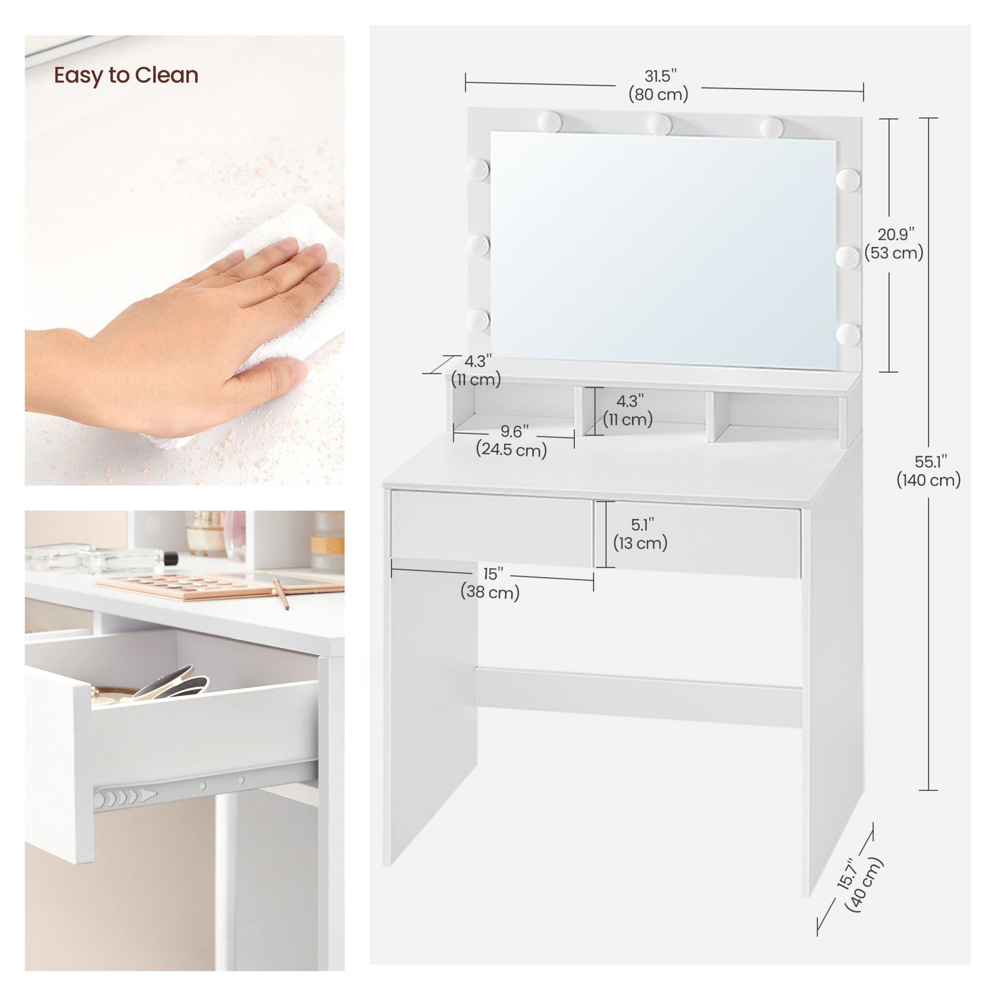 Vanity Desk with Large Mirror & 9 LED Lights, Makeup Dressing Table with Adjustable Brightness, 2 Drawers, 3 Compartments, Anti-Tip Kit, for Bedroom,Cloud White