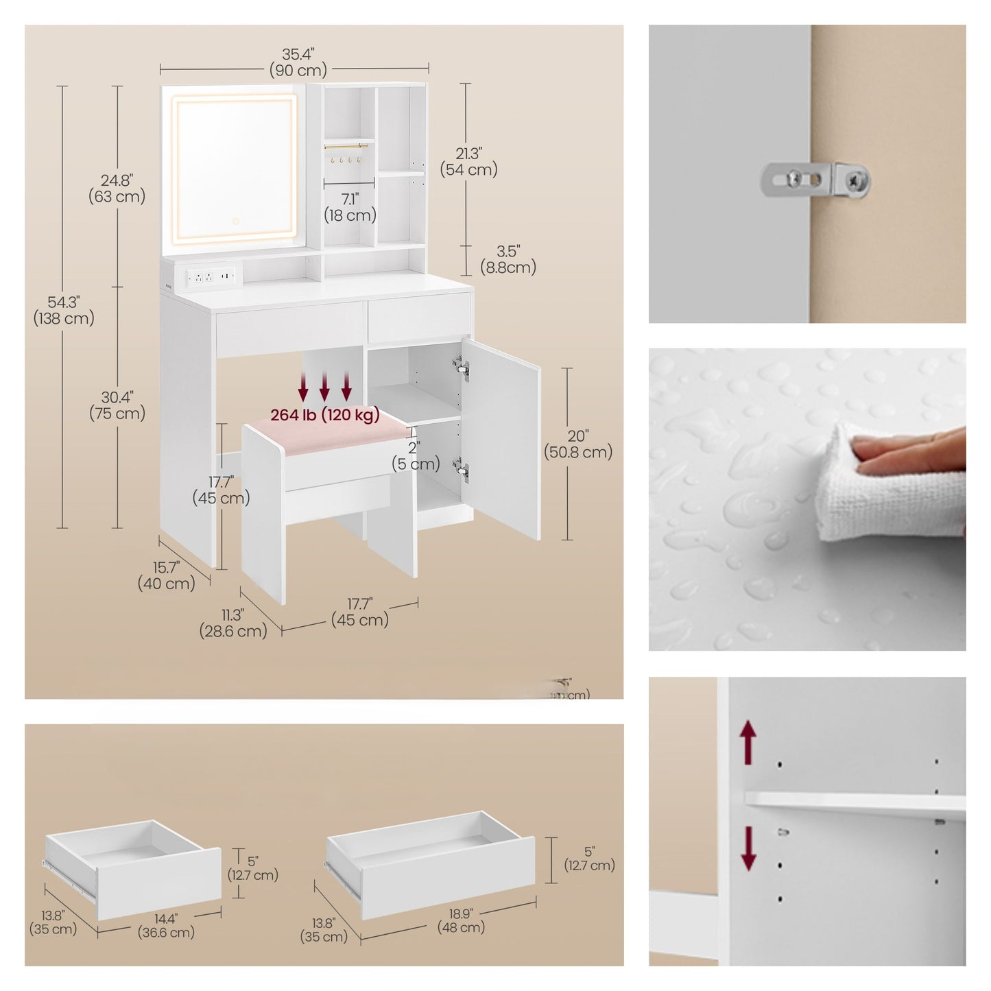 Vanity Desk with Power Outlets & LED Mirror, Makeup Table Set with Stool, 2 Drawers, 6 Compartments, Adjustable Shelf, for Bedroom, Cloud White