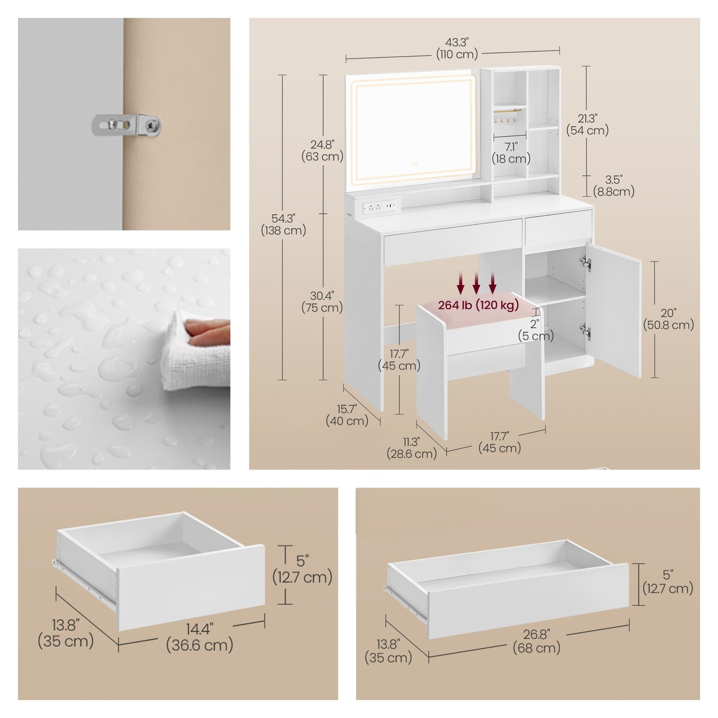 43.3-Inch Vanity Desk with Power Outlets & LED Mirror, Makeup Vanity Set with Stool, 2 Drawers, Jewelry Organizer, Adjustable Shelf, for Bedroom, Cloud White