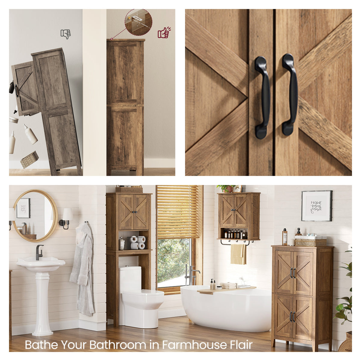 Farmhouse Storage Cabinet, Freestanding Kitchen Pantry with 4 Doors, 23.6 x 11.8 x 43.3 inches, Tan