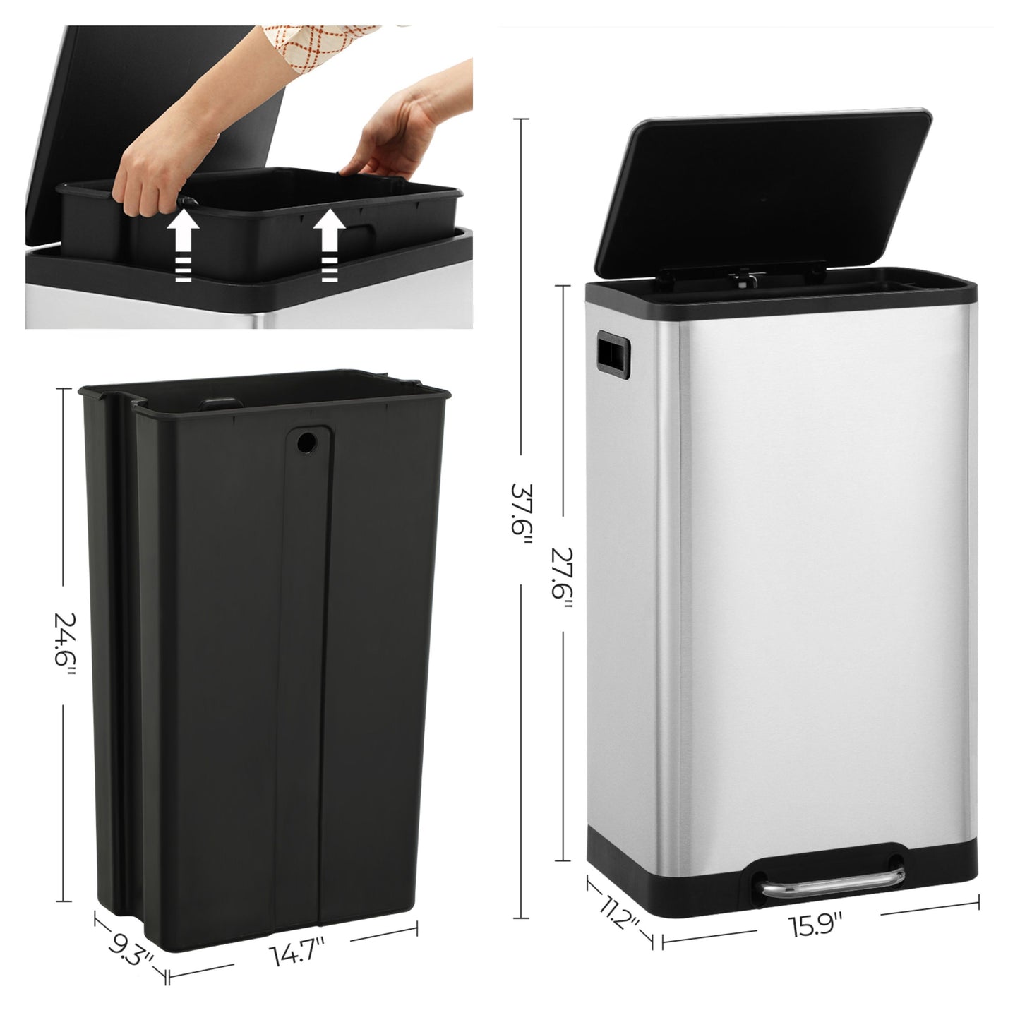 Stainless Steel 12-Gallon Step Trash Can, Soft-Close Lid with Inner Bucket, Fingerprint Proof Kitchen & Living Room Bin,Silver