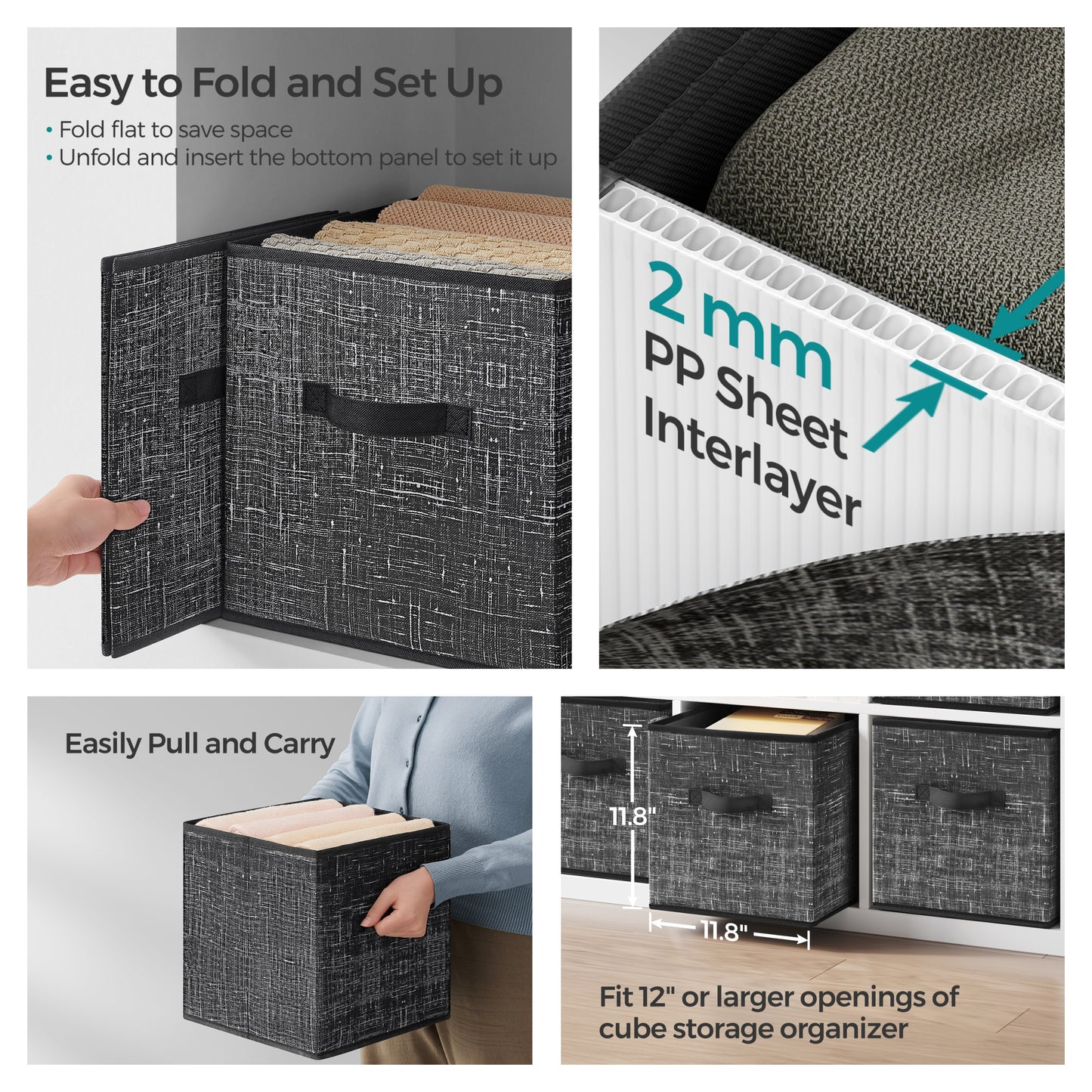 Set of 8 Foldable Storage Cubes with Handles, 11.8-Inch Fabric Organizer Bins for Closet Shelves, Ink Black