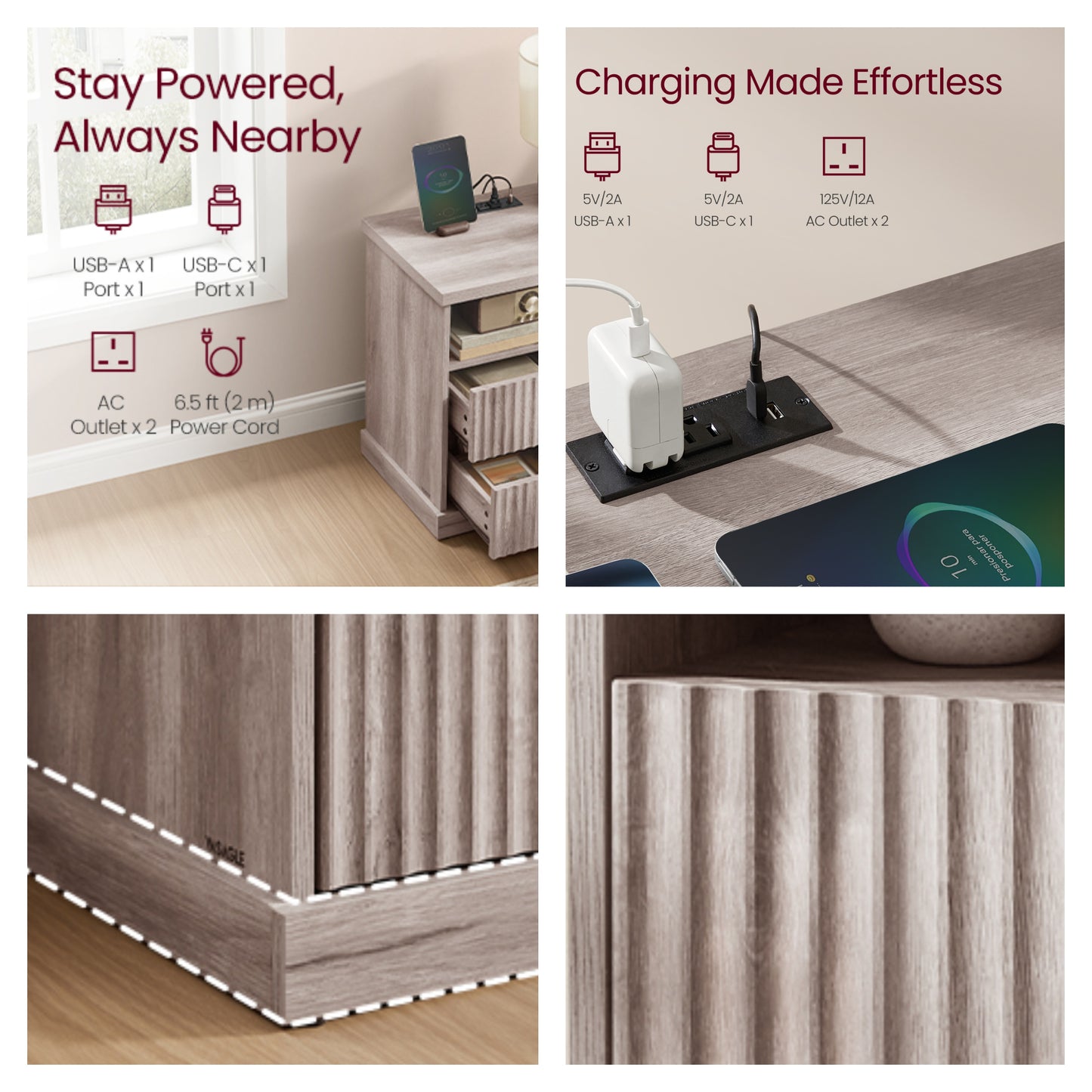 MAXE Collection Nightstand with Charging Station, 2 Drawers & Open Shelf, Extra Wide Bedside Table with 2 AC Outlets & USB Ports, Transitional Style, for Bedroom, Washed Gray