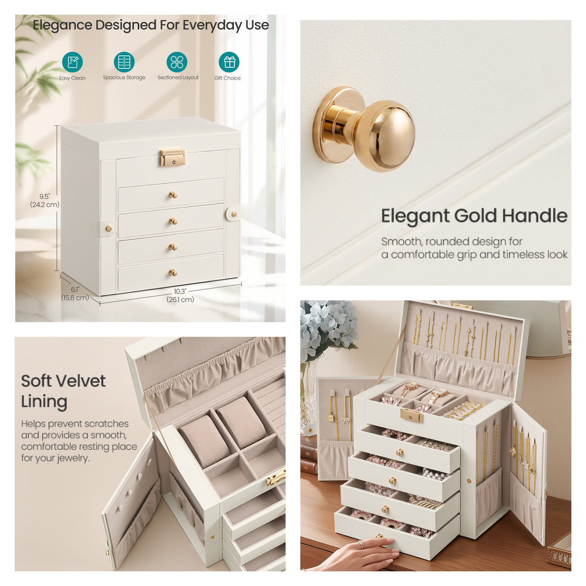 LEDREM Jewelry Box 5-Tier Necklace Holder Organizer with Side Doors 10.3 x 6.1 x 9.5 Inches White and Beige