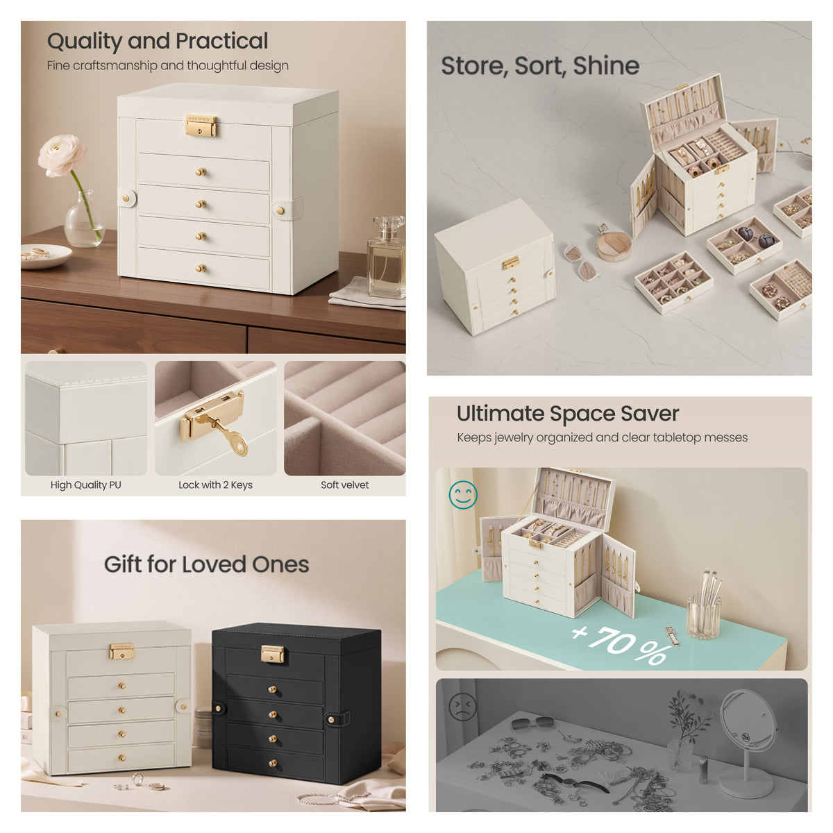 LEDREM Jewelry Box 5-Tier Necklace Holder Organizer with Side Doors 10.3 x 6.1 x 9.5 Inches White and Beige