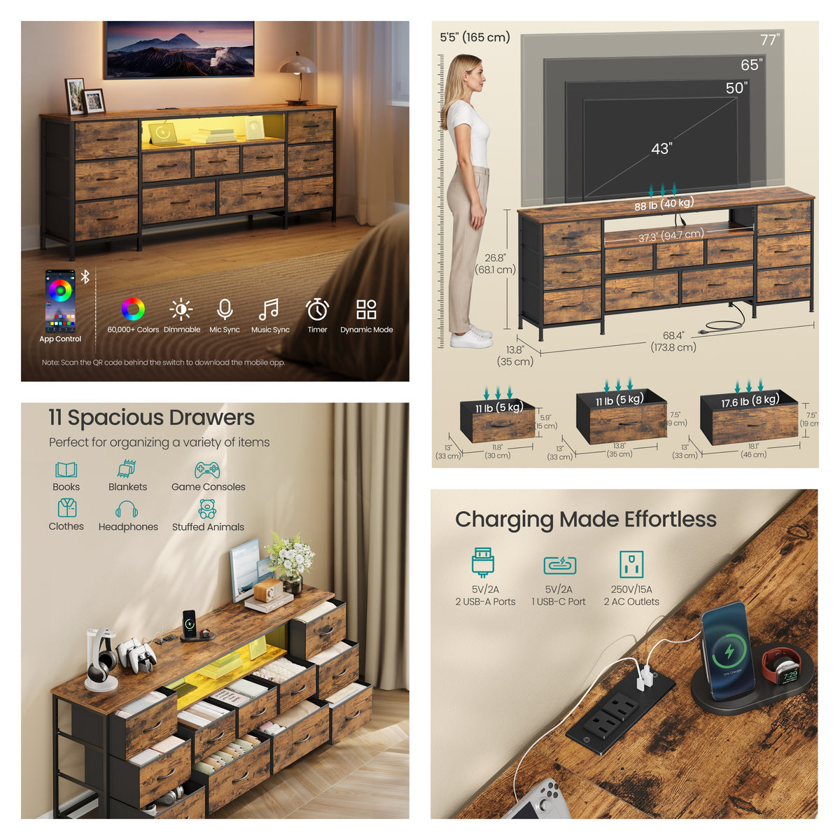 LEDREM TV Stand with LED Lights and Power Outlets, Media Console with 11 Fabric Drawers for TVs up to 70 Inches, Tan