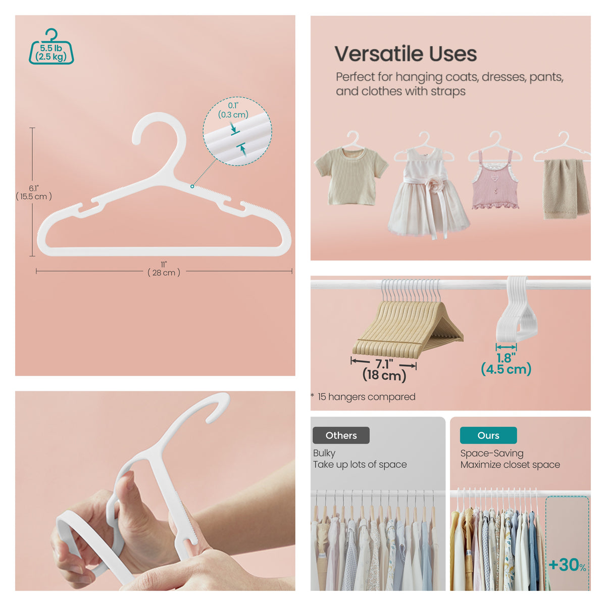 LEDREM 100 Pack Space Saving Non-Slip Notched Kids Hangers 11 x 6.1 x 0.1 Inches White