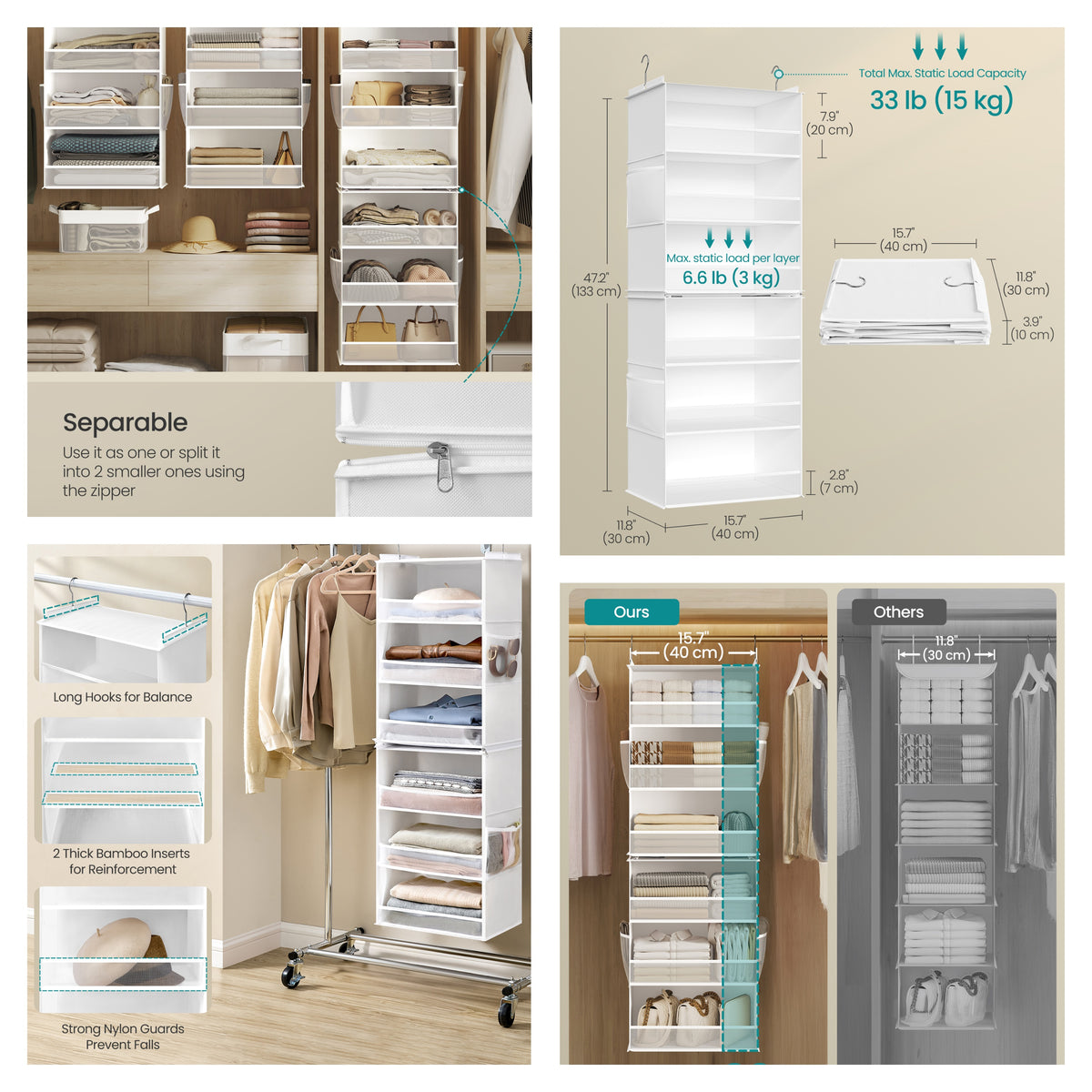 LEDREM Foldable Hanging Closet Organizer, 6-Tier Non-Woven Fabric Storage Shelf, Steel Hooks and Bamboo Inserts, White
