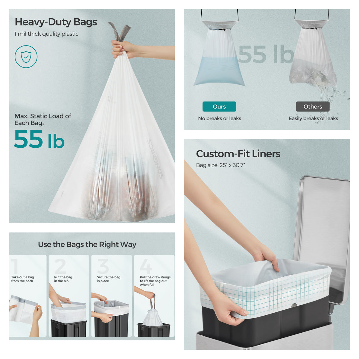 LEDREM Drawstring Trash Bags 80 Count, Heavy Duty Leak-Proof Garbage Bags, Pre-Separated, 12-14.5 Gal., White and Gray