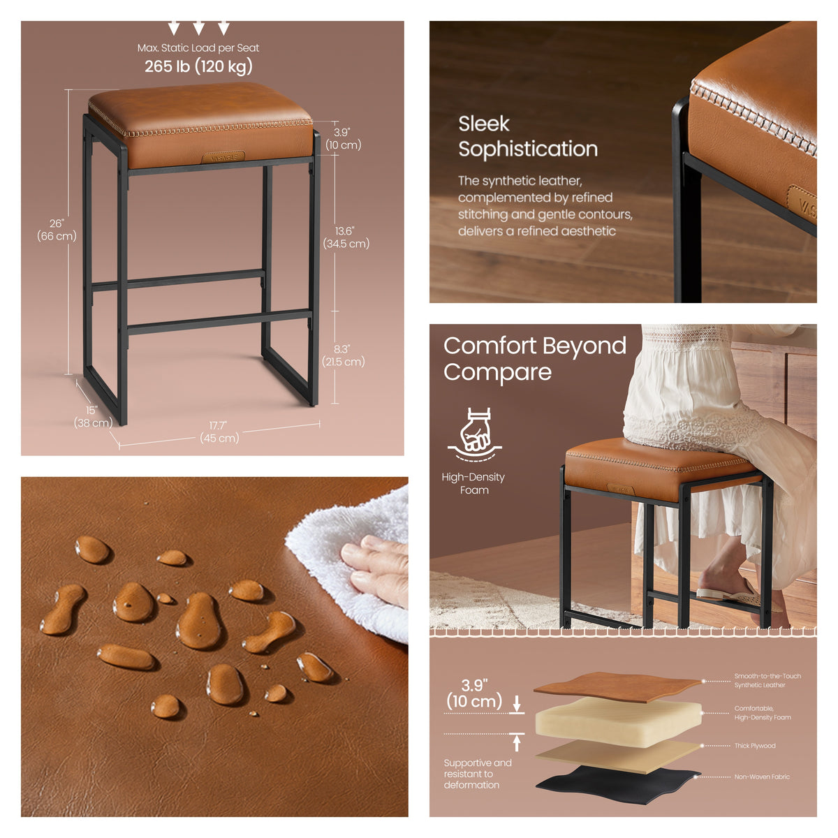 LEDREM Kitchen Counter Stools, Bar Stools Set of 1, PU Leather with Stitching, Transitional, 26-Inch Tall, Home Bar Dining Room, Tan