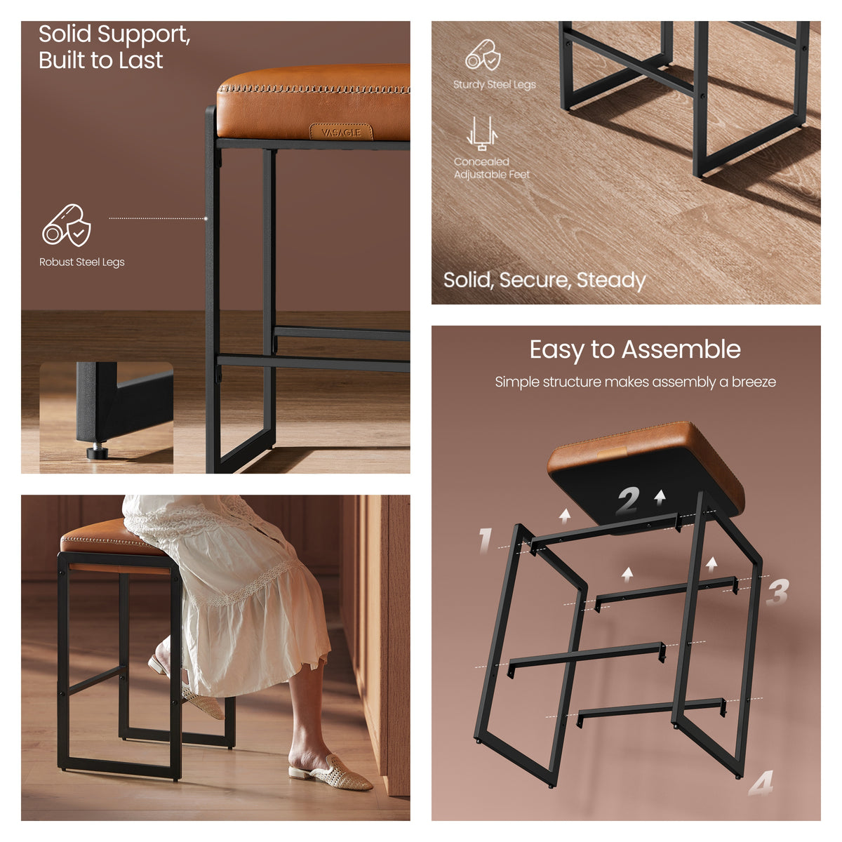 LEDREM Kitchen Counter Stools, Bar Stools Set of 1, PU Leather with Stitching, Transitional, 26-Inch Tall, Home Bar Dining Room, Tan