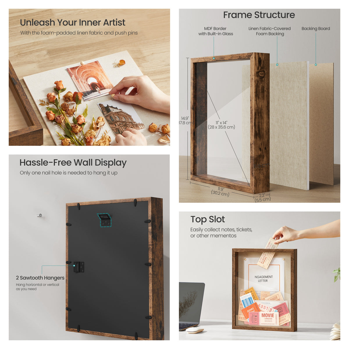 LEDREM Shadow Box Frame 1.5-Inch Deep Display Case with Top Slot and Glass Front 11 x 14 Inches Rustic Brown