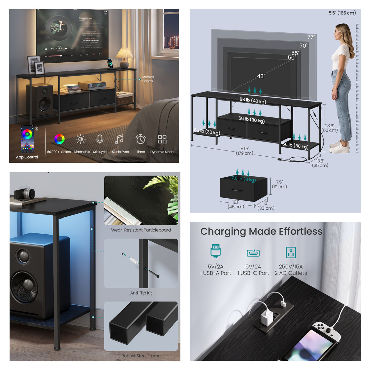 LEDREM TV Stand with Power Outlets & LED Lights for TVs Up to 70 Inches, 3 Shelves & 2 Drawers, Steel Frame, Anti-Tip, Ink Black