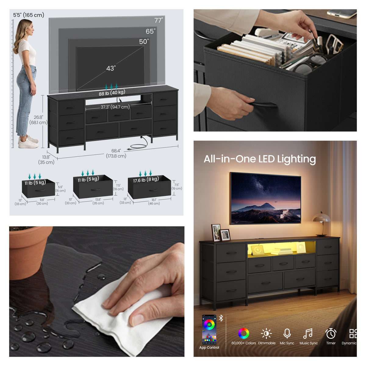 LEDREM TV Stand with LED Lights and Power Outlets, Media Console with 11 Fabric Drawers for TVs up to 70 Inches, Black