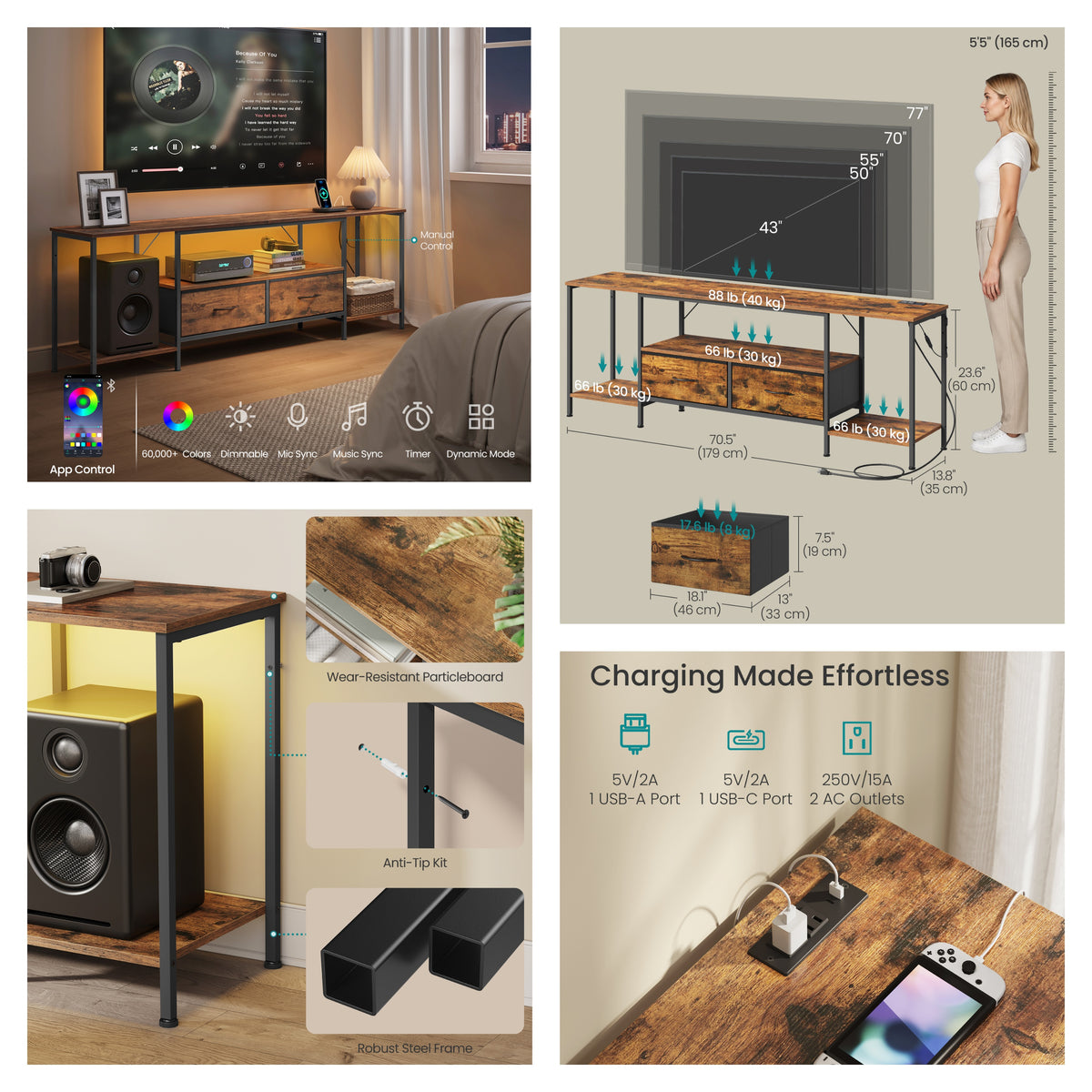 LEDREM TV Stand with Power Outlets & LED Lights for TVs Up to 70 Inches, 3 Shelves & 2 Drawers, Steel Frame, Anti-Tip, Rustic Brown
