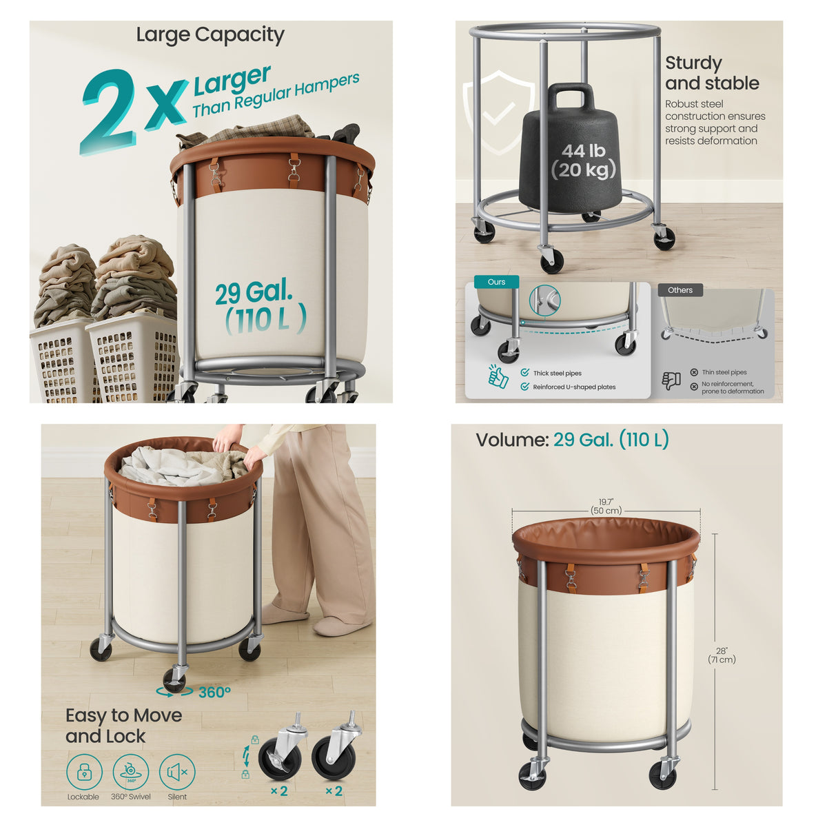 LEDREM Rolling Laundry Basket with Wheels, Laundry Hamper, 4 Casters and 2 Brakes, Tan and White