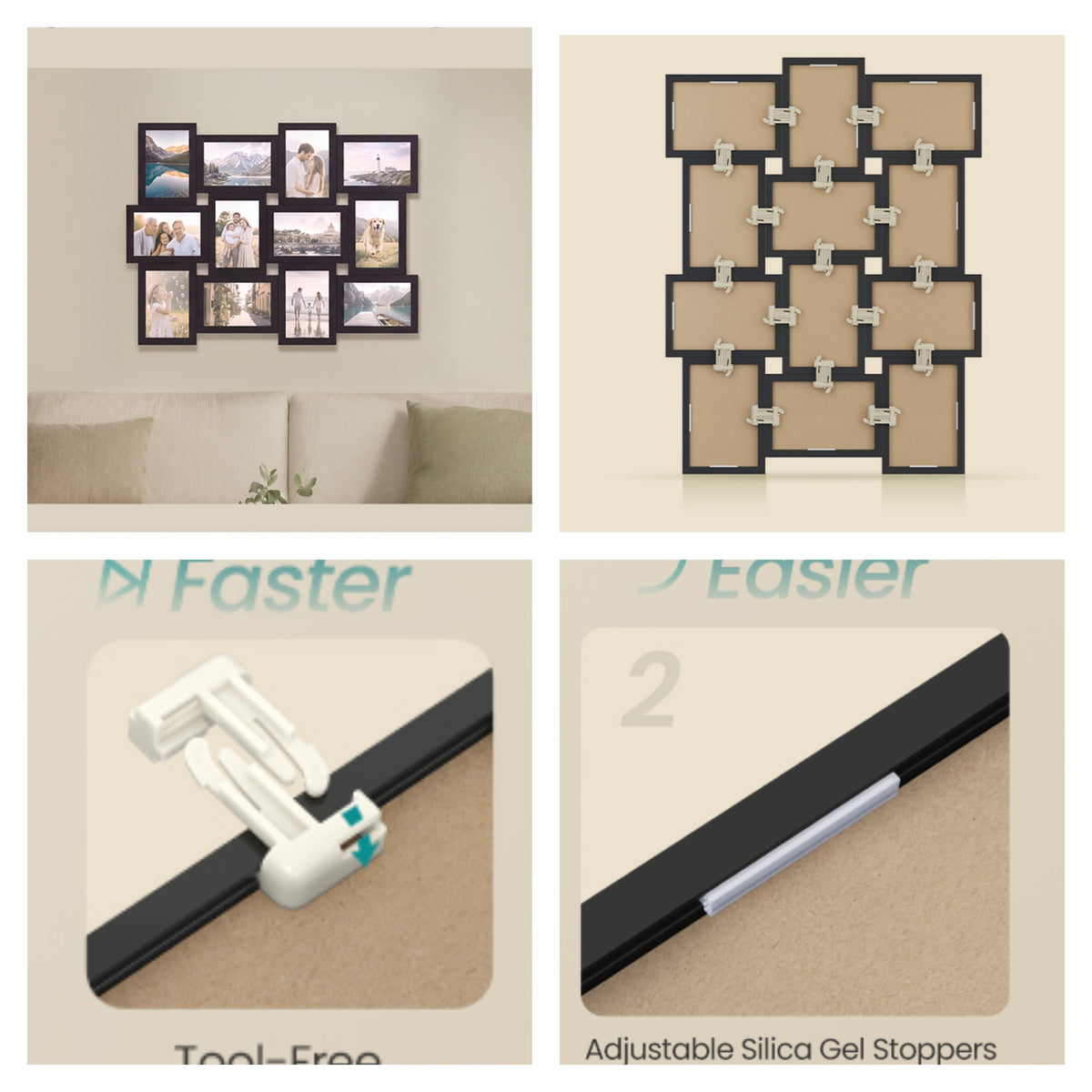 LEDREM Collage Picture Frame for 12 Photos, MDF Wood Gallery Wall Decor, 4 x 6 Inches, Black