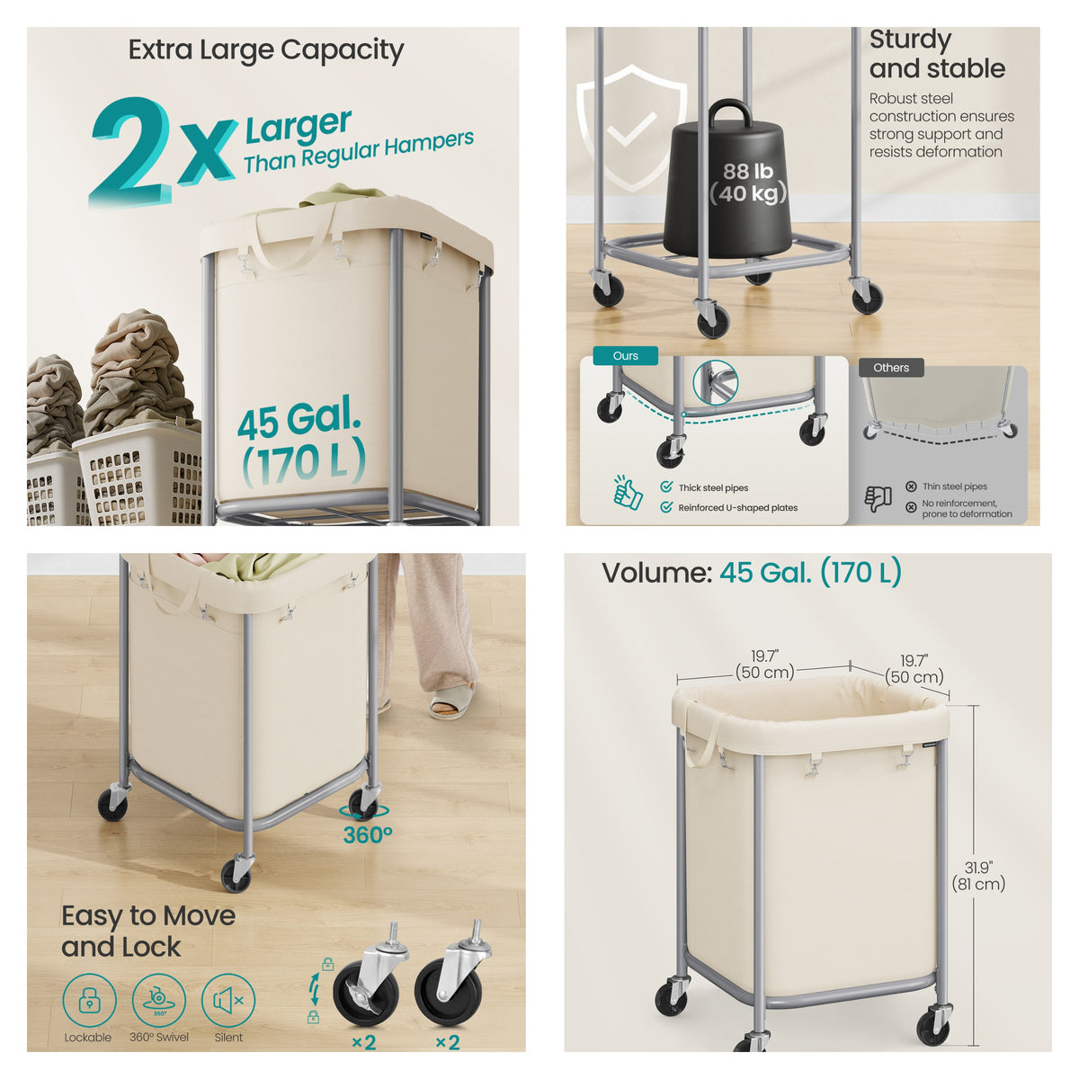 LEDREM Rolling Laundry Basket with Wheels, Laundry Hamper, 4 Casters and 2 Brakes, White and Gray