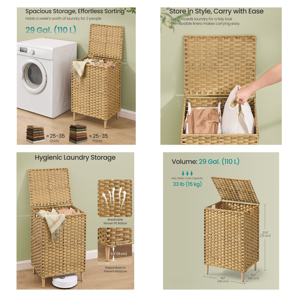 LEDREM Laundry Hamper with Lid, 4-Section PE Rattan Basket, 55.4 Gal., 18.1 x 15.7 x 27.6 Inches, Yellow and White