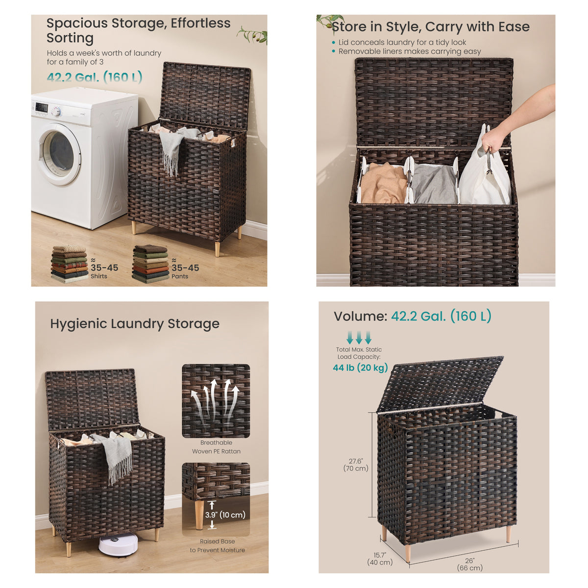 LEDREM Laundry Hamper with Lid, 4-Section PE Rattan Basket, 55.4 Gal., 26 x 15.7 x 27.6 Inches, Brown