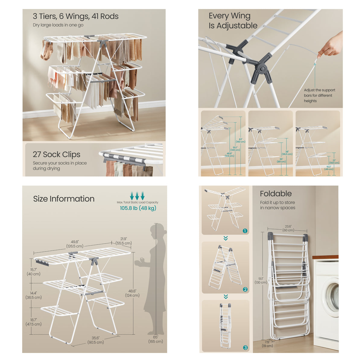 LEDREM Clothes Drying Rack Foldable 3-Tier Space Saving Laundry Rack with Sock Clips 49.8 x 23.6 x 48.2 Inches White
