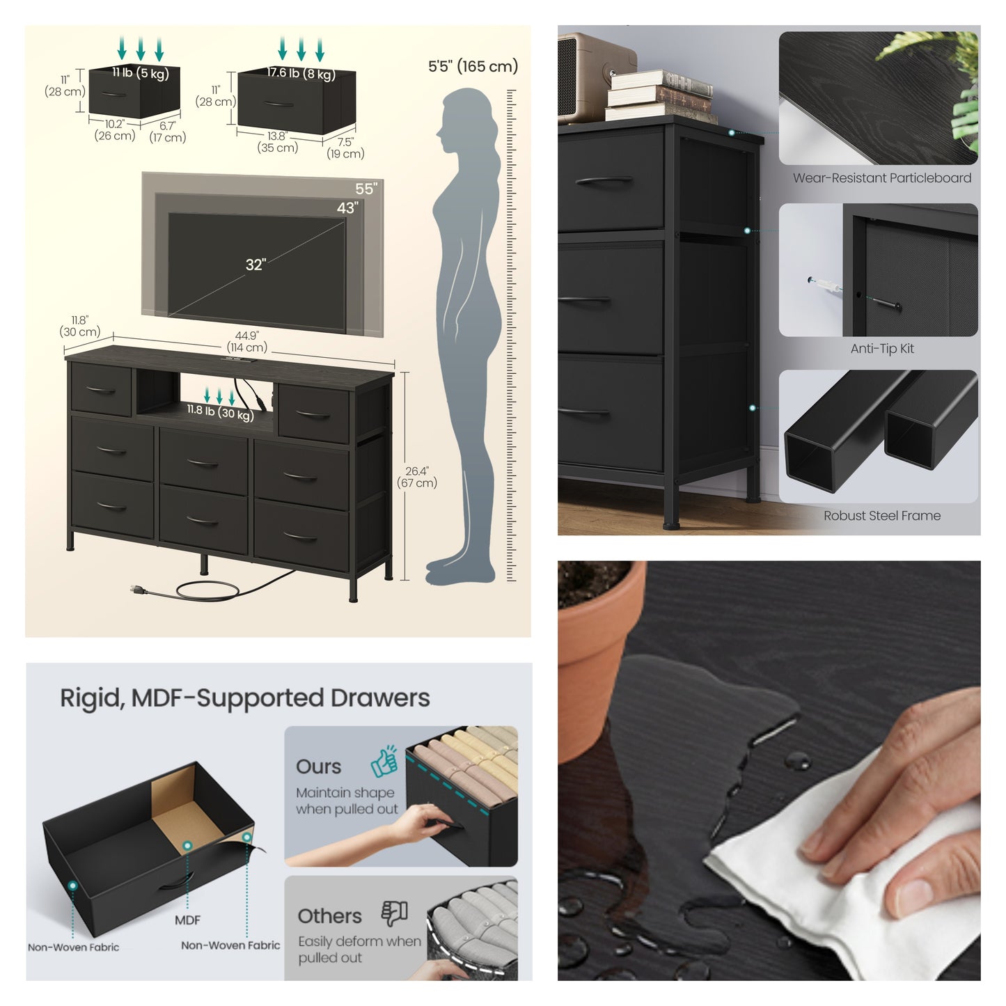 8-Drawer Dresser with LED Lights & Charging Station, Modern Chest of Drawers for Bedroom, Living Room, Fits TVs up to 55 Inches, Ink Black