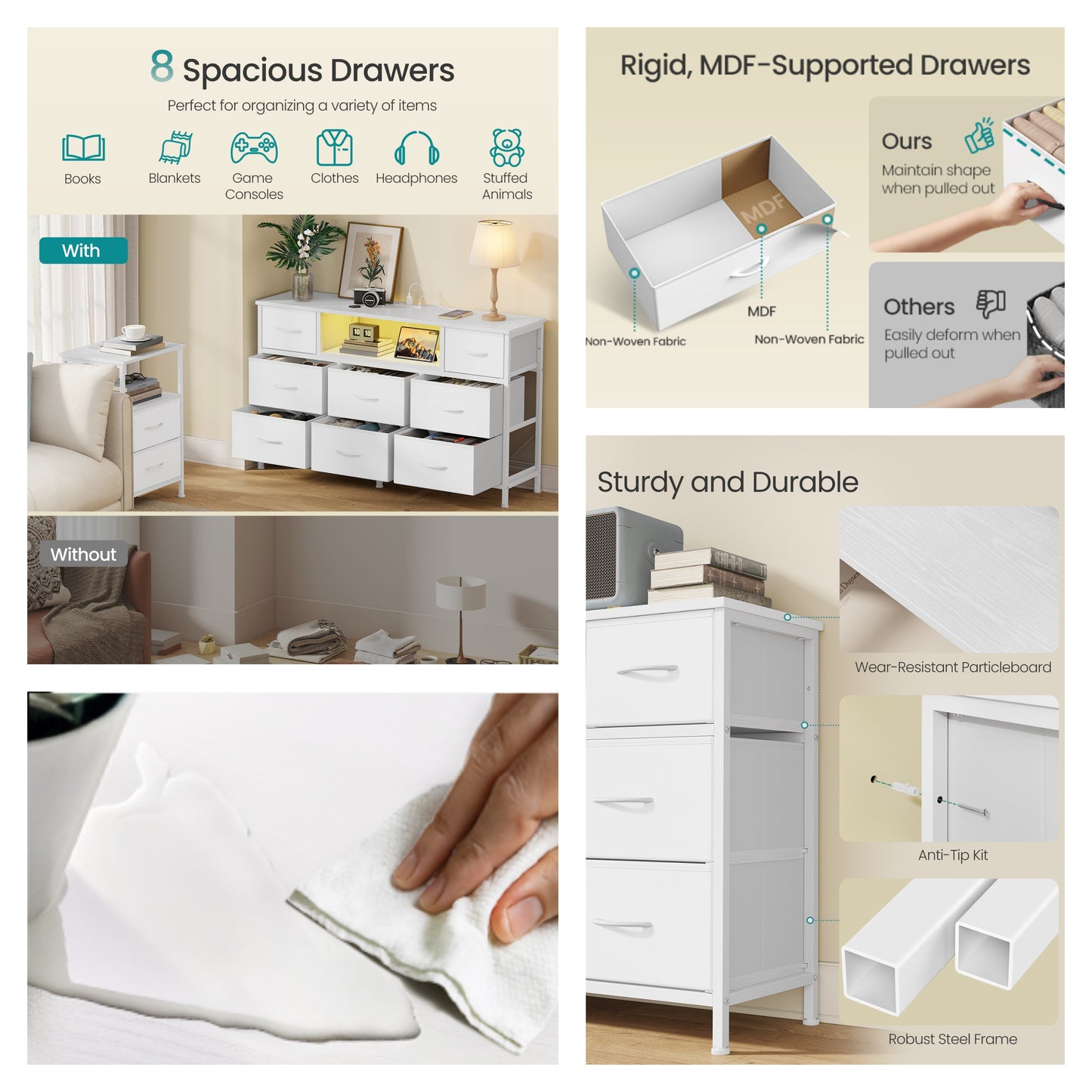 8-Drawer Dresser with LED Lights & Charging Station, Modern Chest of Drawers for Bedroom, Living Room, Fits TVs up to 55 Inches, Cloud White