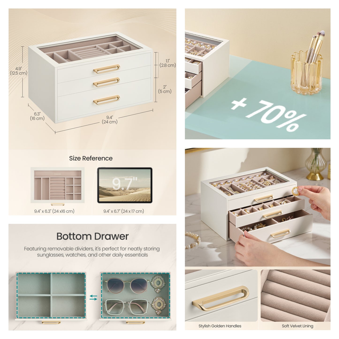 3-Layer Jewelry Box with Glass Window, Jewelry Storage Organizer with 3 Drawers and Golden Handles, Cream White, 6.3 x 9.4 Inches