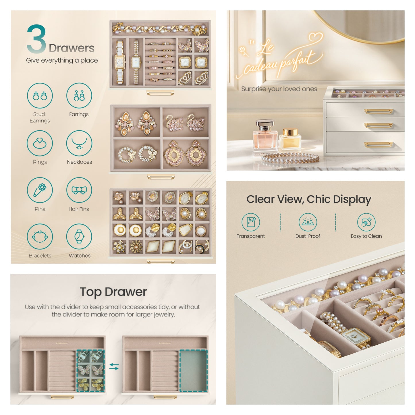 3-Layer Jewelry Box with Glass Window, Jewelry Storage Organizer with 3 Drawers and Golden Handles, Cream White, 6.3 x 9.4 Inches