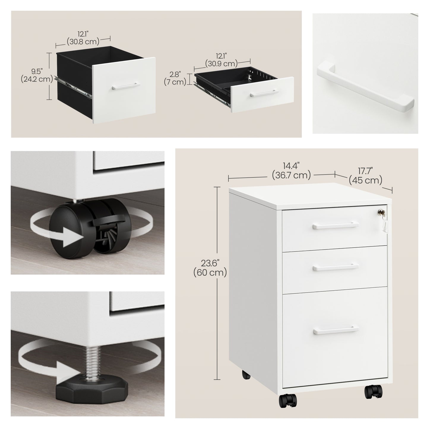 3-Drawer File Cabinet with Lock, Pre-Assembled Mobile Storage for A4, Legal, Letter Files, Wheels & Adjustable Feet, Matte White