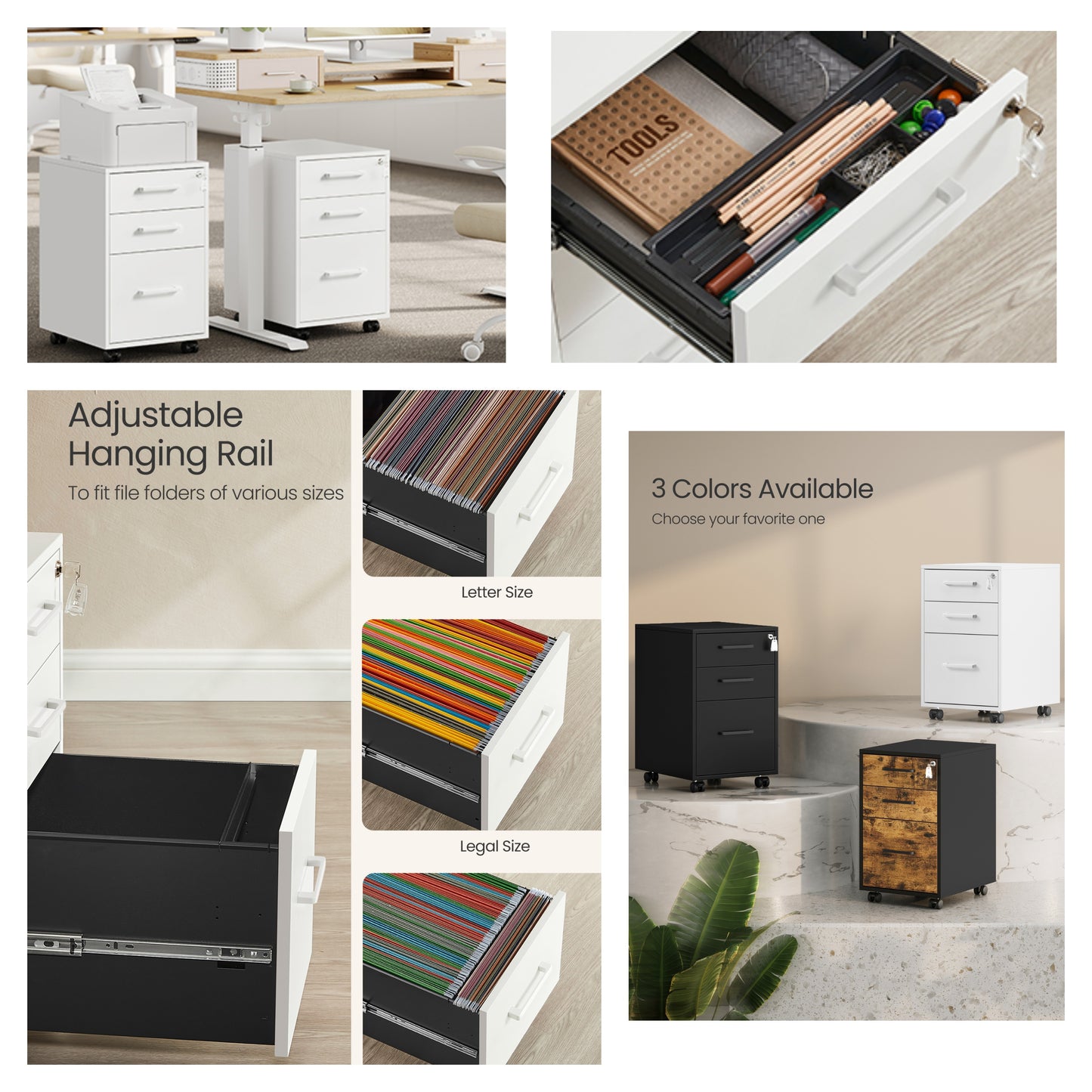 3-Drawer File Cabinet with Lock, Pre-Assembled Mobile Storage for A4, Legal, Letter Files, Wheels & Adjustable Feet, Matte White