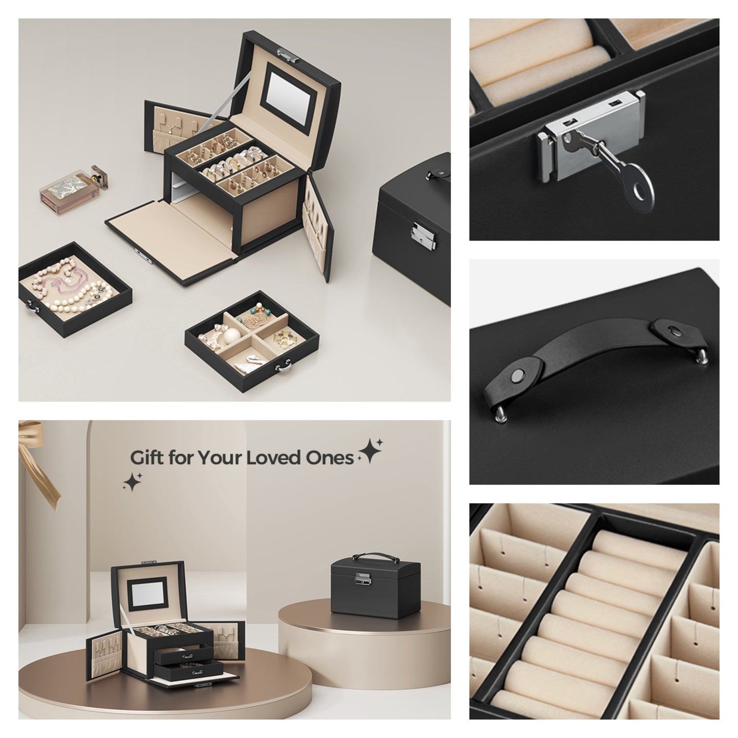 3-Tier Jewelry Organizer with Lock, Travel Jewelry Case with Mirror & 2 Drawers, Velvet-Lined Storage Box, Gift for Women, Black