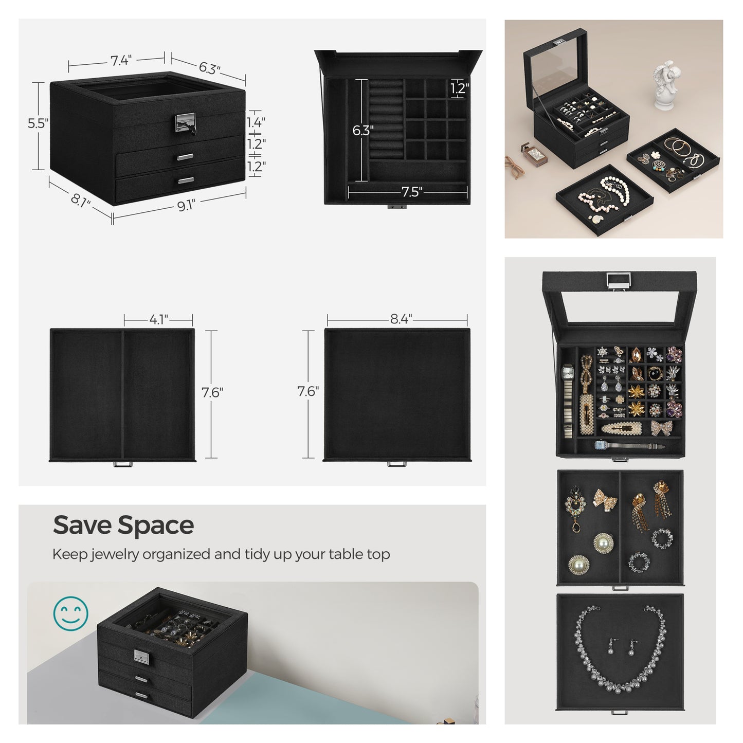 Lockable Jewelry Box with Glass Window, Jewelry Organizer Case for Rings, Earrings, Necklaces, 8 Slots & 2 Drawers, Velvet Lined, Black