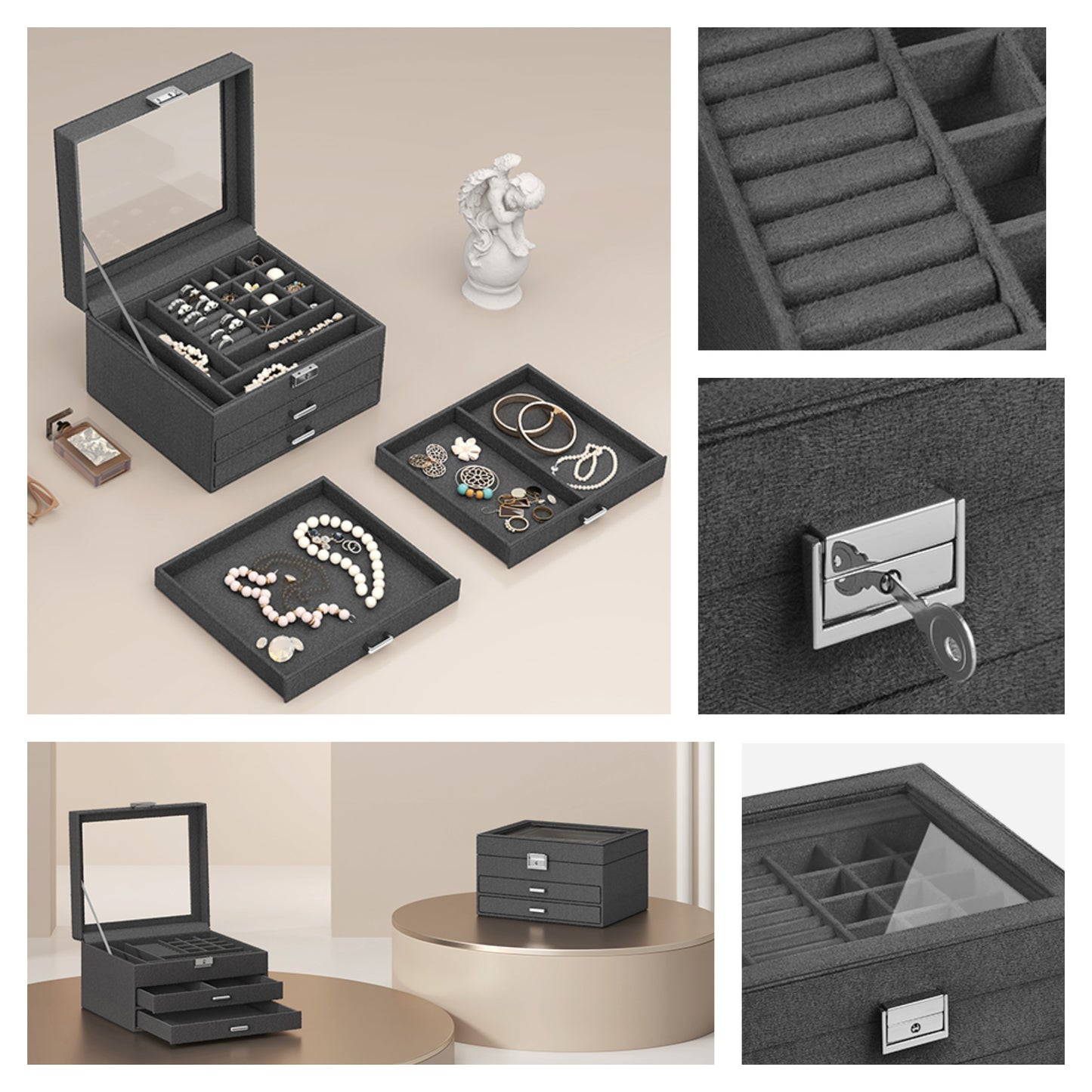 Jewelry Box with Lock, Glass Top Display Case Organizer for Rings, Earrings, Necklaces, 8 Slots & 2 Drawers, Velvet Lined, Gray