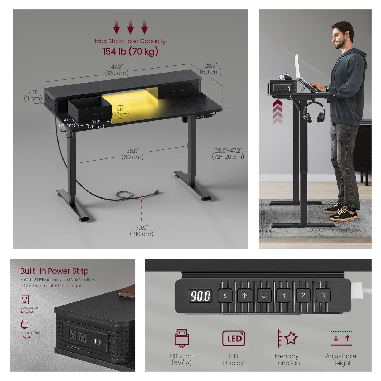 Electric Standing Desk with LED Lights & USB Ports, 47.2" Adjustable Height Office Desk with 3 Memory Presets, Storage Drawers, Ink Black