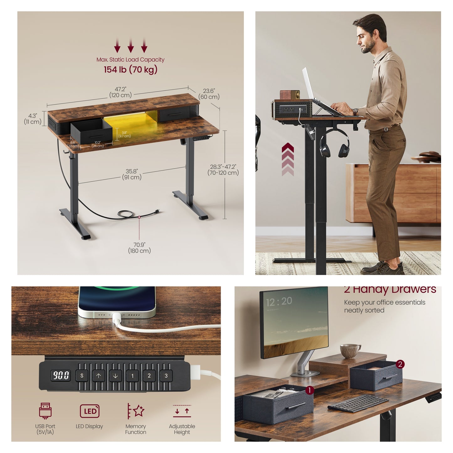Electric Standing Desk with LED Lights & Power Outlet, 47.2" Adjustable Height Office Desk with 3 Memory Presets, Storage Drawers, Rustic Brown