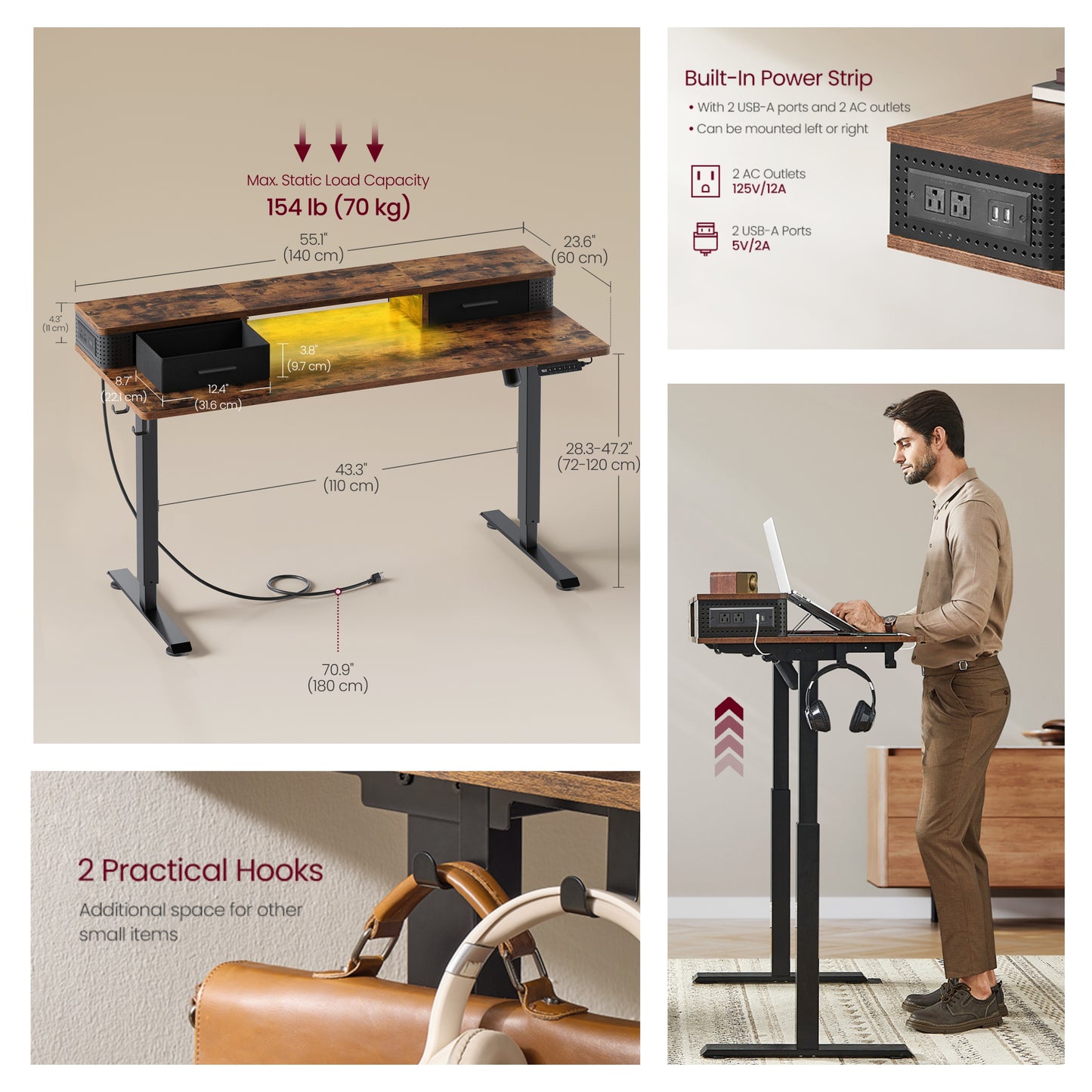 Electric Standing Desk with LED Lights & USB Ports, 55.1" Adjustable Height Office Desk with 3 Memory Presets, Storage Drawers, Rustic Brown