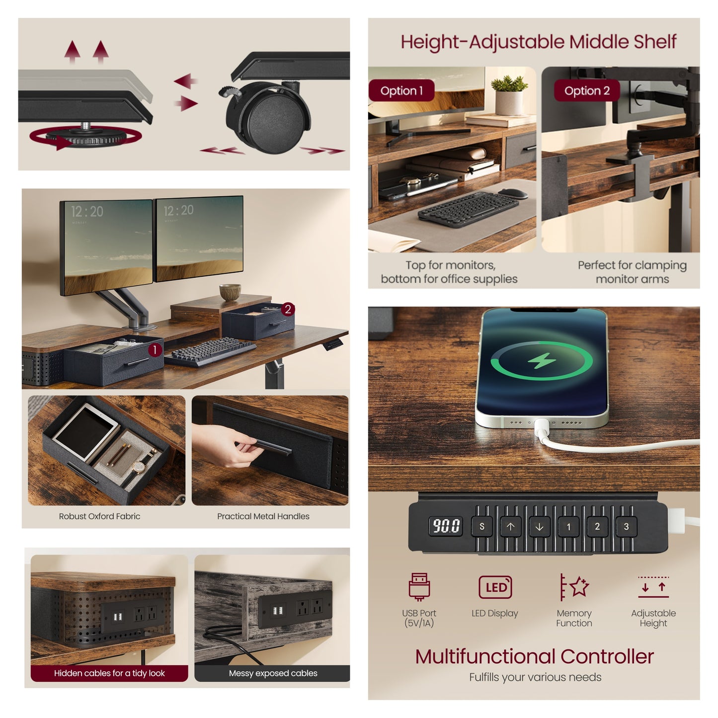 Electric Standing Desk with LED Lights & USB Ports, 55.1" Adjustable Height Office Desk with 3 Memory Presets, Storage Drawers, Rustic Brown