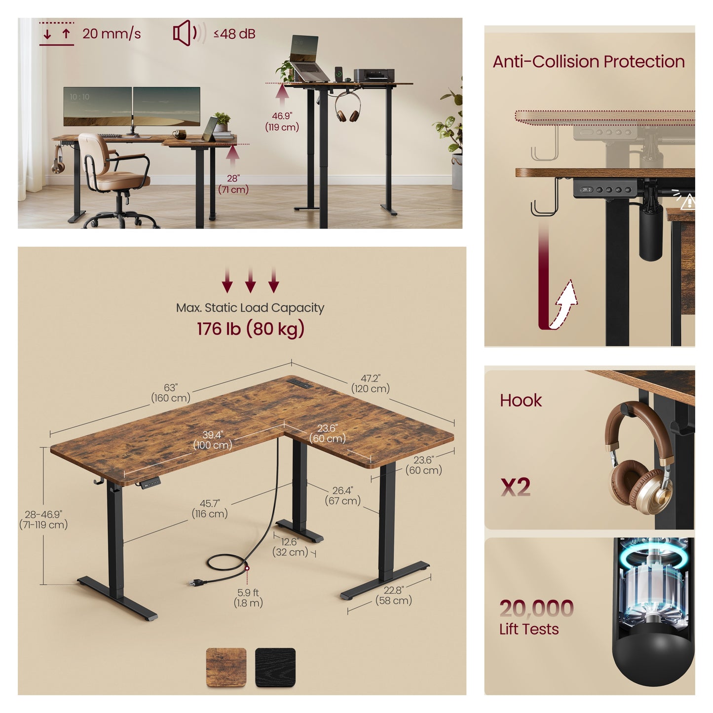 L-Shaped Electric Standing Desk, 63" Corner Desk with Power Outlets & Memory Buttons, Adjustable Height 28.3"-47.2", Rustic Brown