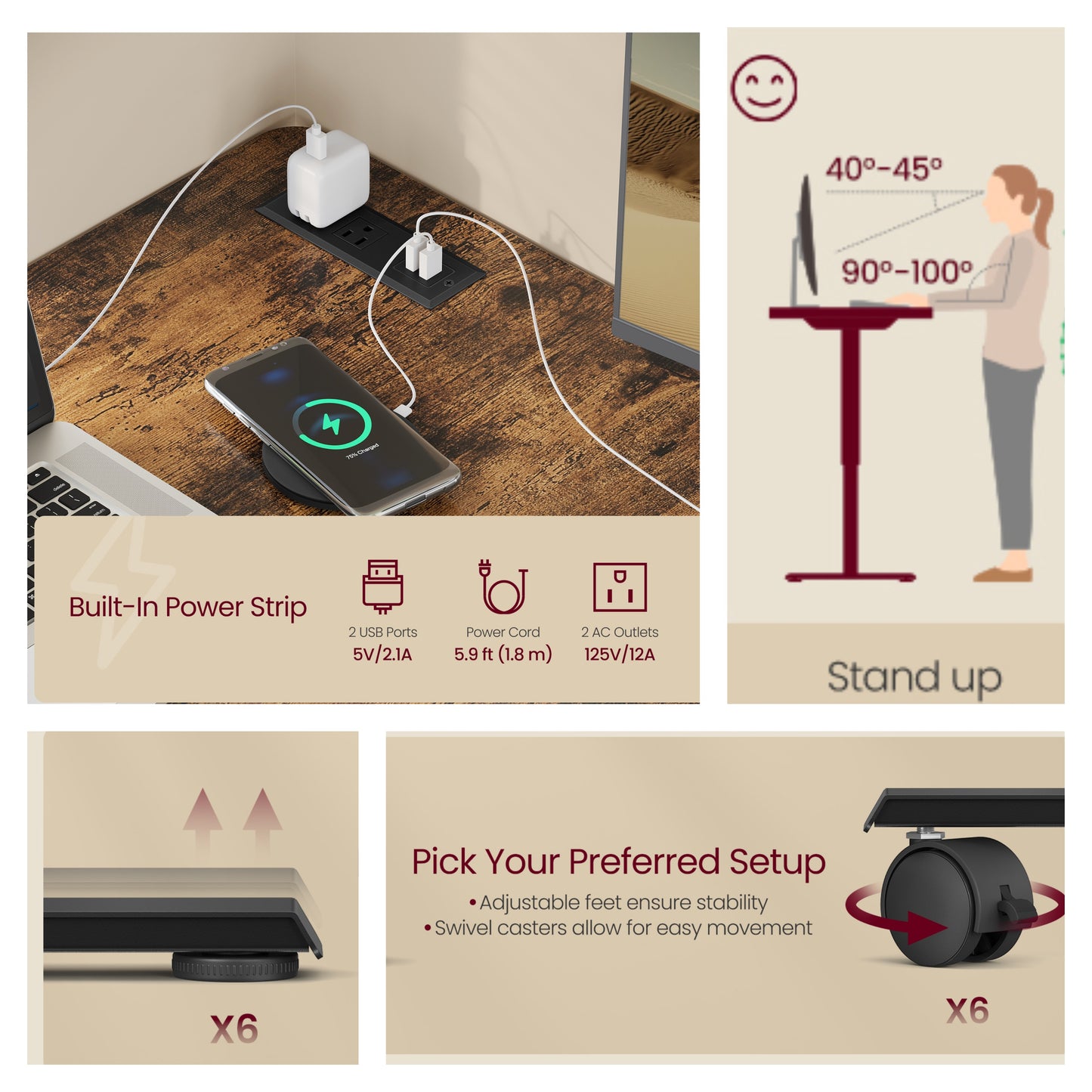 L-Shaped Electric Standing Desk, 63" Corner Desk with Power Outlets & Memory Buttons, Adjustable Height 28.3"-47.2", Rustic Brown