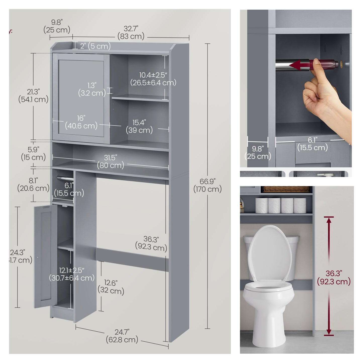 Over-The-Toilet Storage Cabinet with Sliding Door & Adjustable Shelves, Space-Saving Bathroom Organizer with Toilet Paper Holder, Dove Gray