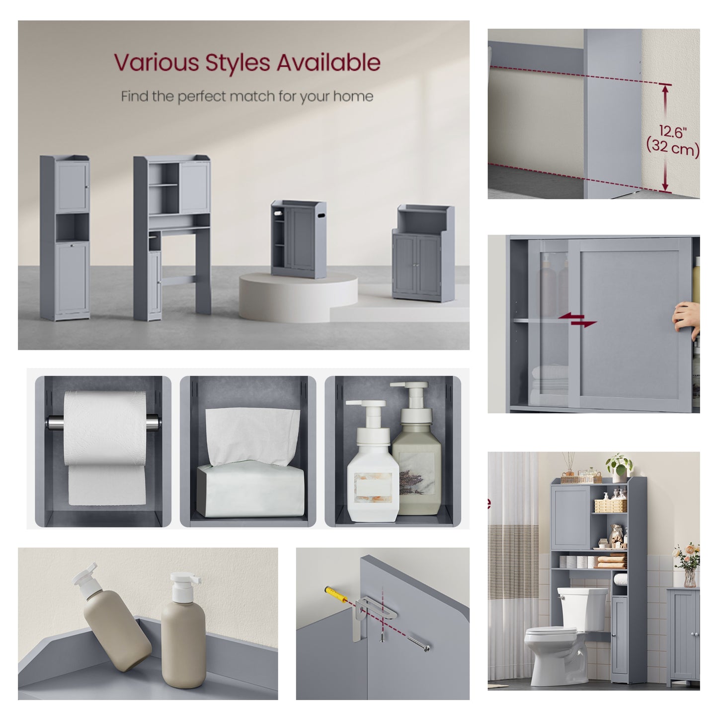 Over-The-Toilet Storage Cabinet with Sliding Door & Adjustable Shelves, Space-Saving Bathroom Organizer with Toilet Paper Holder, Dove Gray
