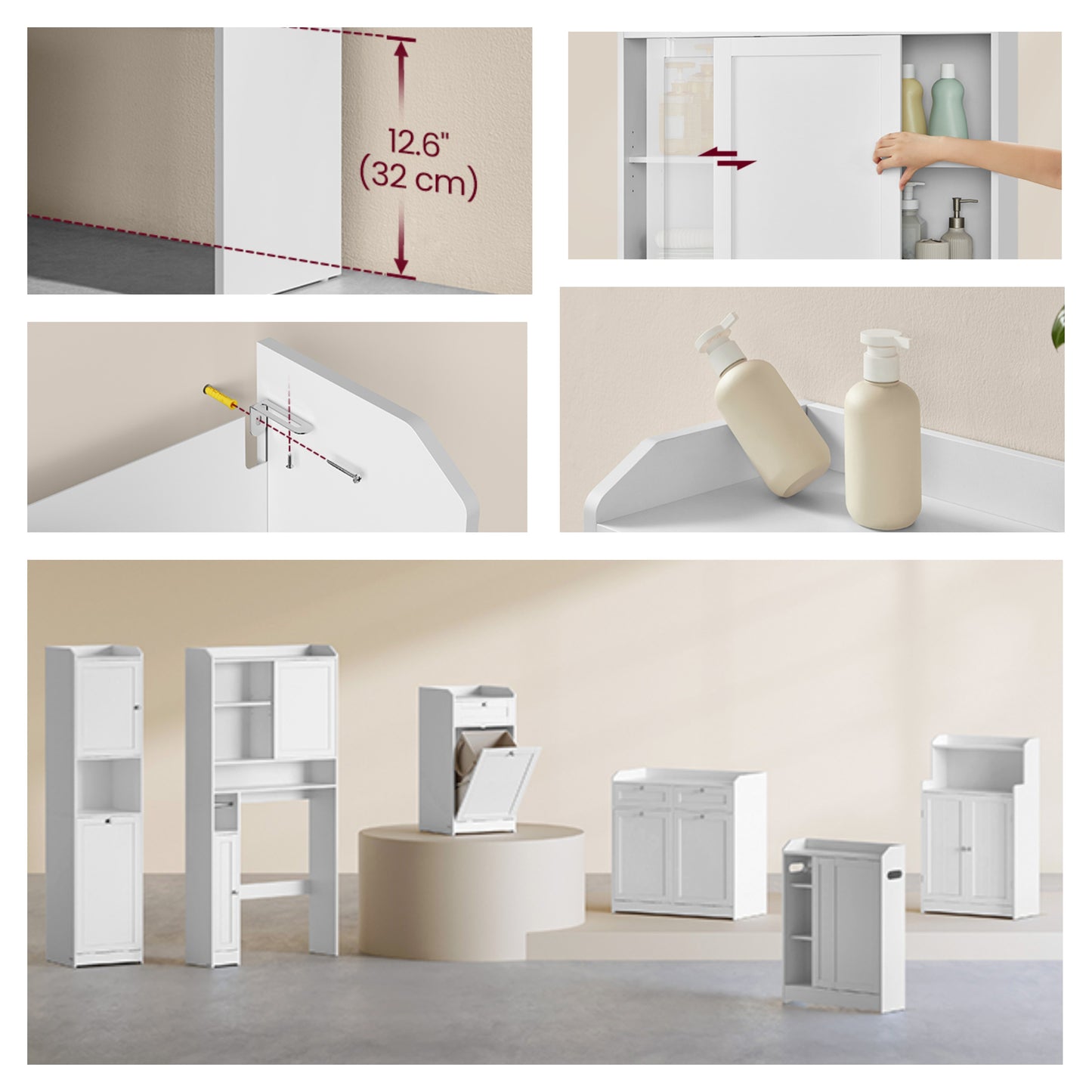 Over-The-Toilet Storage Cabinet with Sliding Door & Adjustable Shelves, Space-Saving Bathroom Organizer with Toilet Paper Holder, Cloud White