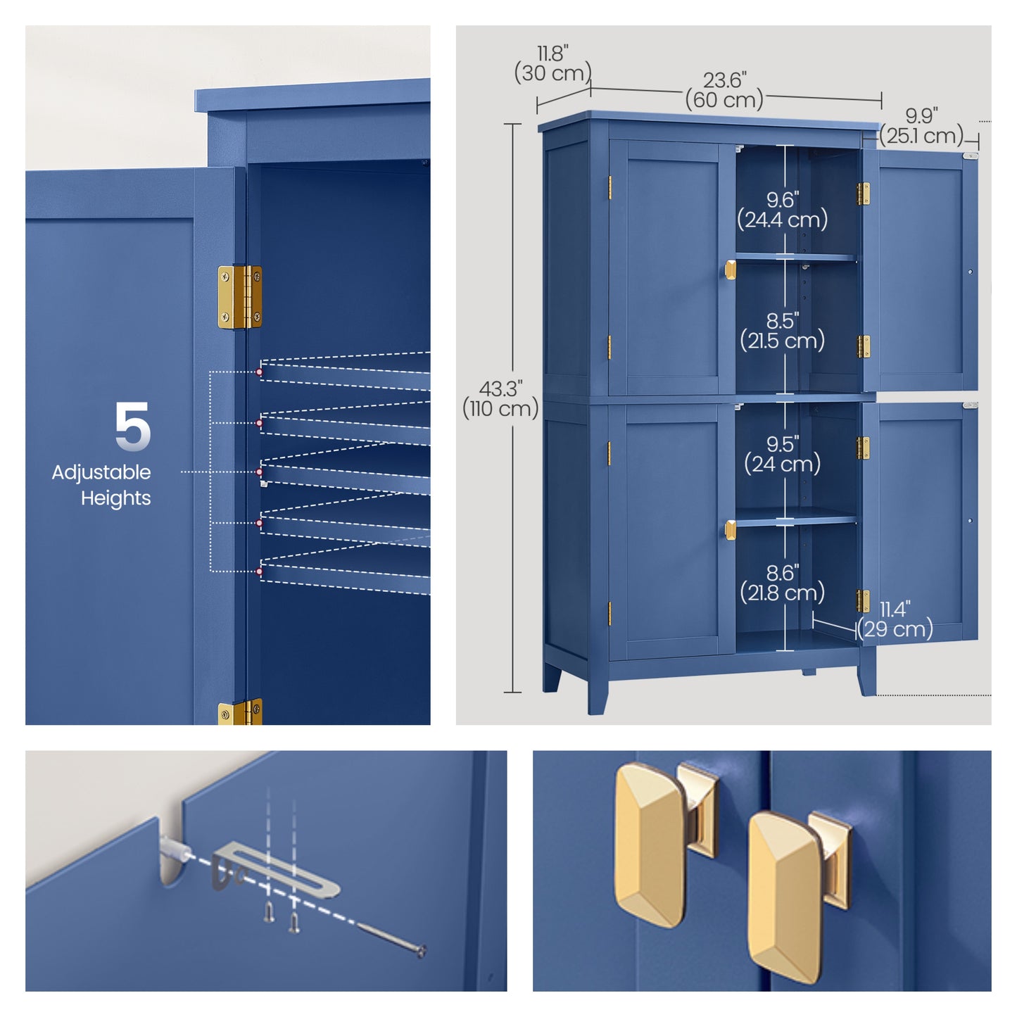 Freestanding Bathroom Storage Cabinet with 4 Doors & 5-Position Shelves, Double Compartment Organizer for Towels & Toiletries, Harbor Blue
