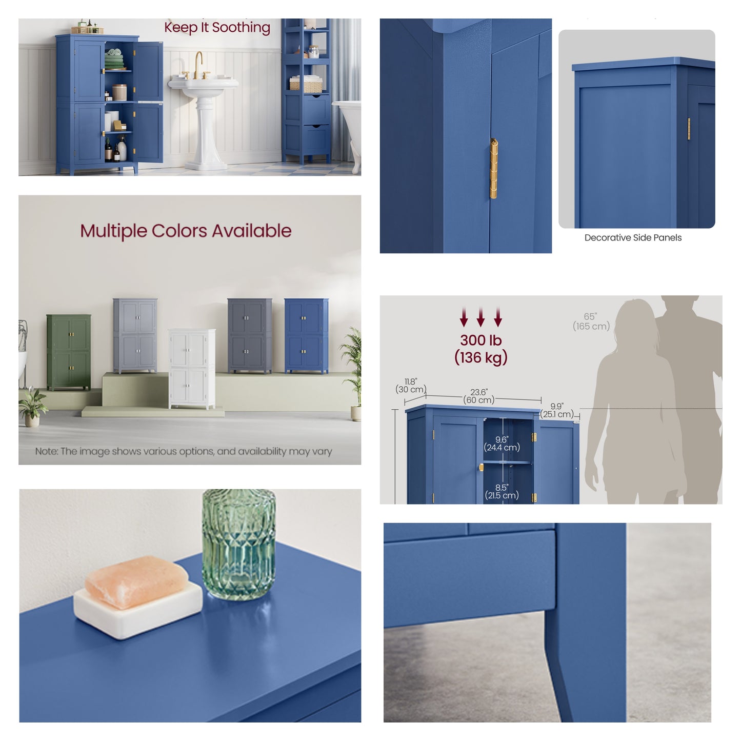 Freestanding Bathroom Storage Cabinet with 4 Doors & 5-Position Shelves, Double Compartment Organizer for Towels & Toiletries, Harbor Blue