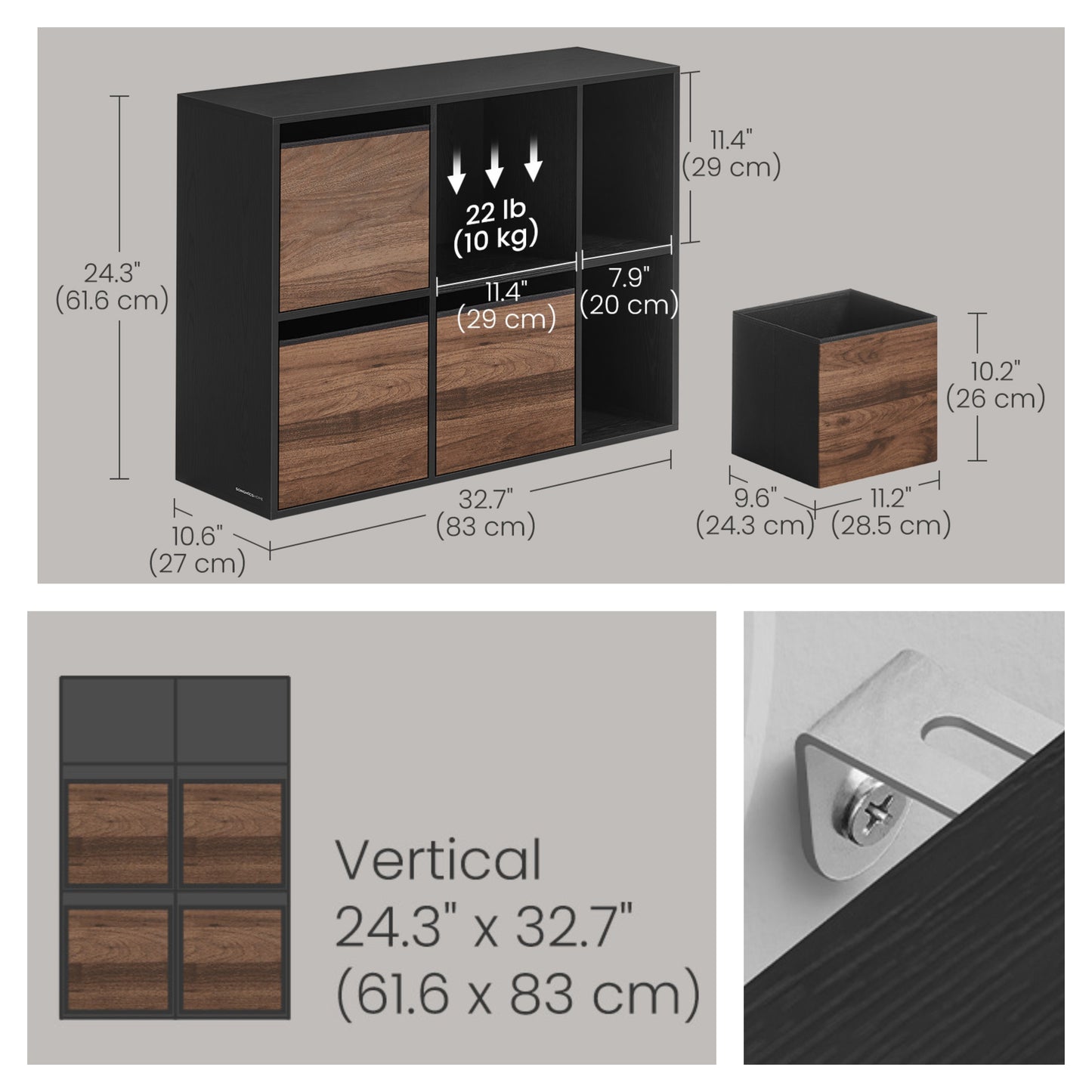 6-Cube Storage Organizer with 4 Fabric Drawers, Toolless Assembly Bookshelf, 132lb Capacity, Multi-Position, 32.7"W x 24.3"H, Walnut and Black