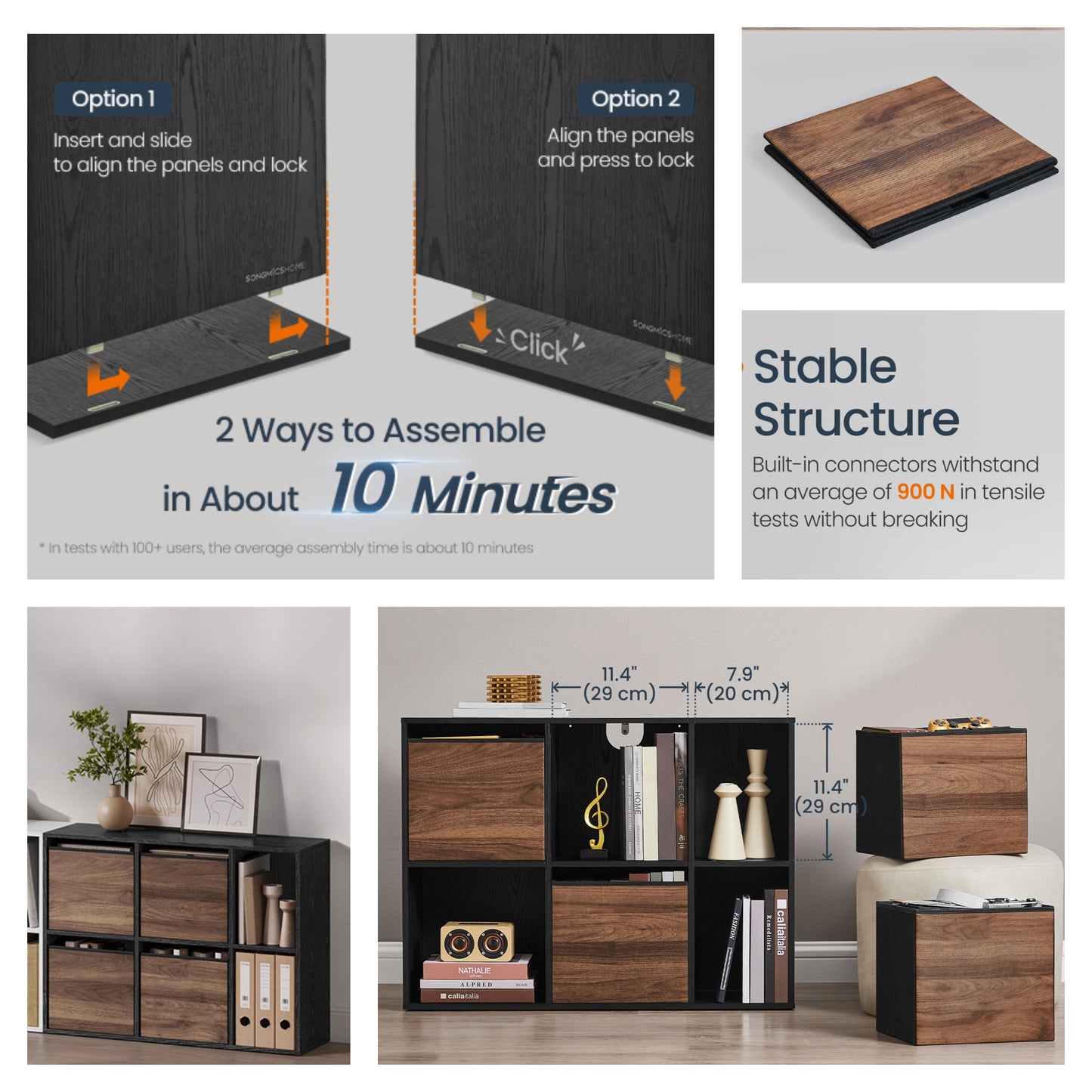 6-Cube Storage Organizer with 4 Fabric Drawers, Toolless Assembly Bookshelf, 132lb Capacity, Multi-Position, 32.7"W x 24.3"H, Walnut and Black