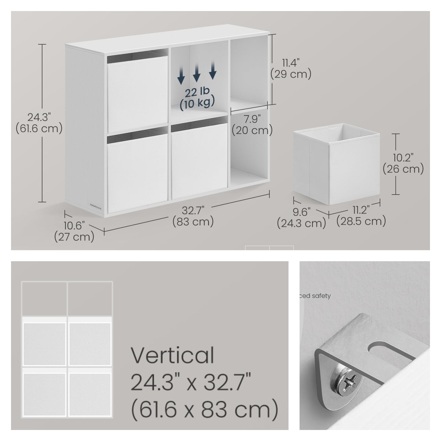 6-Cube Storage Shelf with 4 Fabric Drawers, Toolless Assembly, 132lb Capacity, Multi-Use Organizer for Home, Office, Wall-Mountable, Snow White