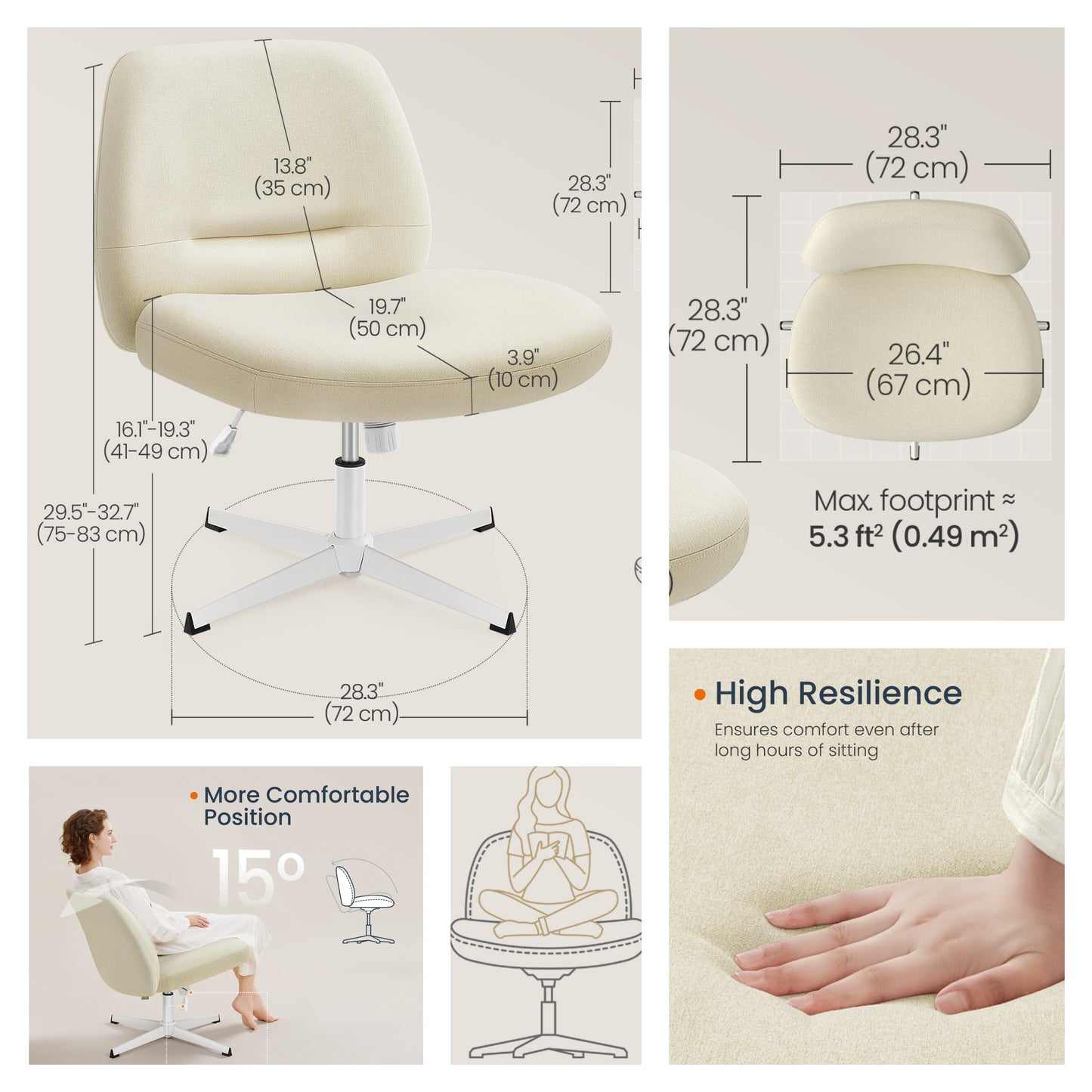 Cross Legged Office Chair, Armless Swivel Adjustable Height, Wide Seat Crisscross Base, Ergonomic Home Desk Chair for Study Work, Cream White