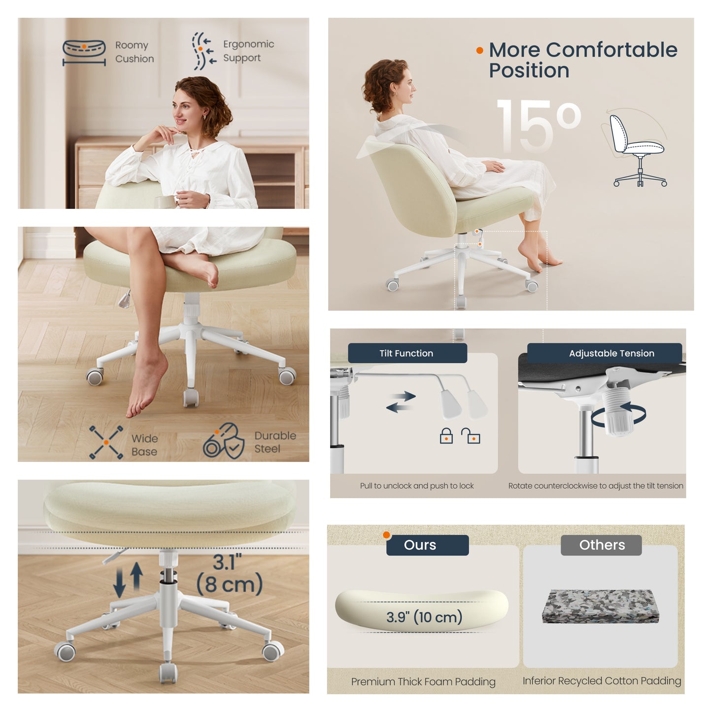Swivel Office Chair with Wheels, Armless Cross Legged Design, Adjustable Height & Tilt, Wide Seat for Home Office Desk, Cream White